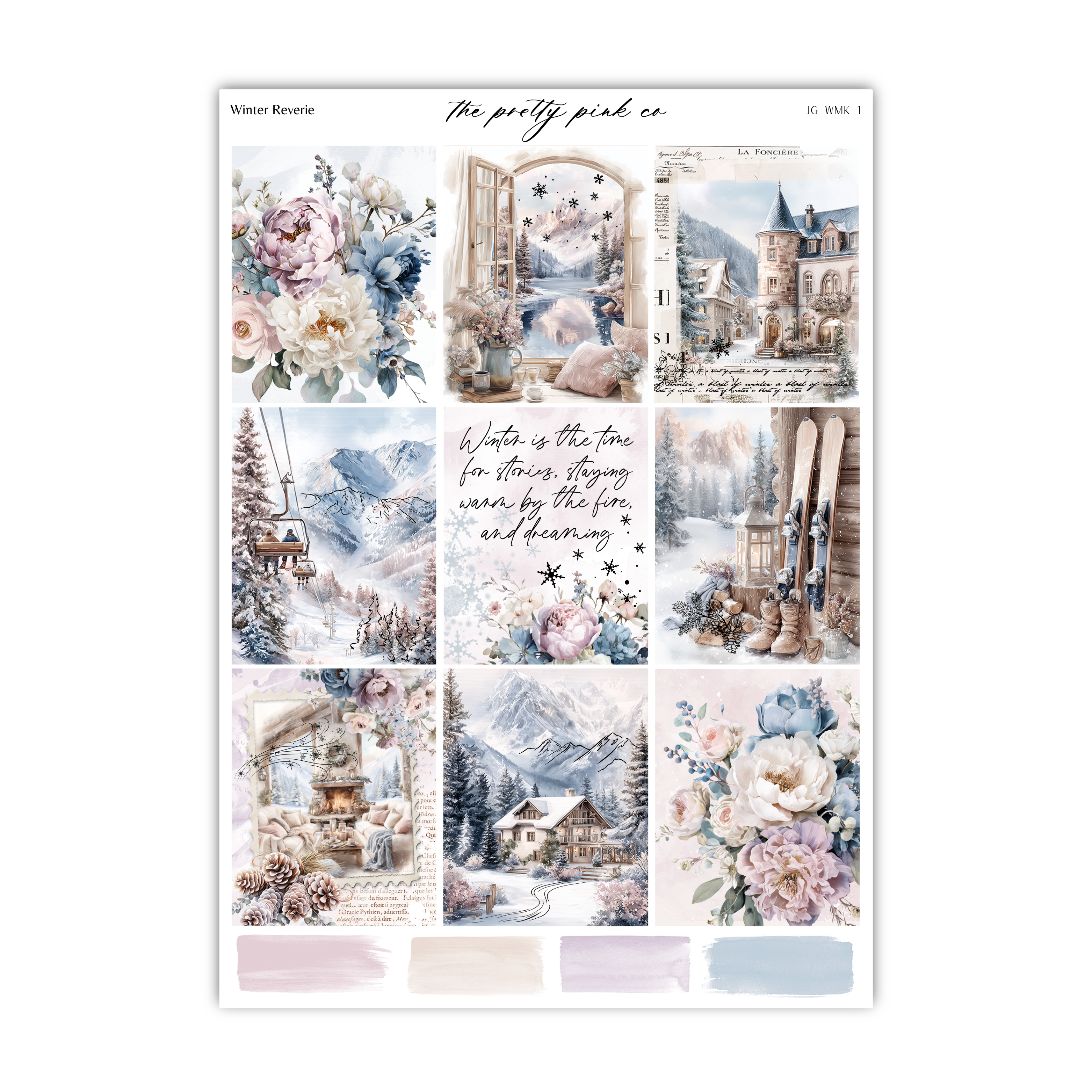 The image is a collage of nine winter-themed images, including snow-covered landscapes, flowers, and a castle. The collage is titled "Winter Revere" and features a quote about the beauty of winter.