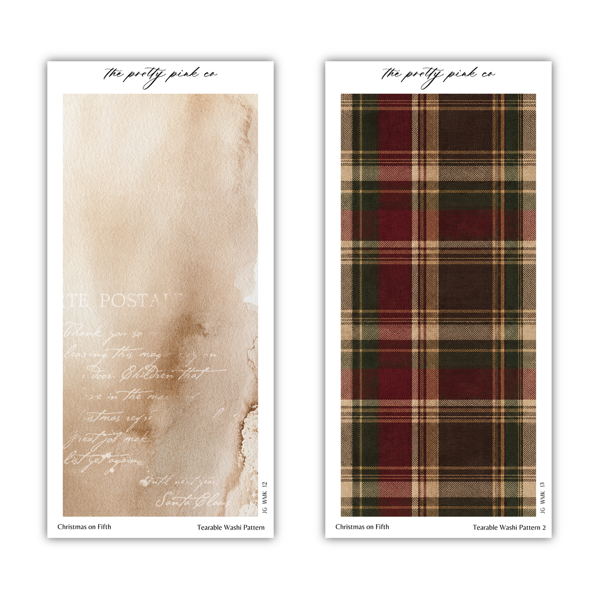 two different patterns: a Christmas-themed fabric with a plaid design and a Christmas-themed fabric with a watercolor-like texture.