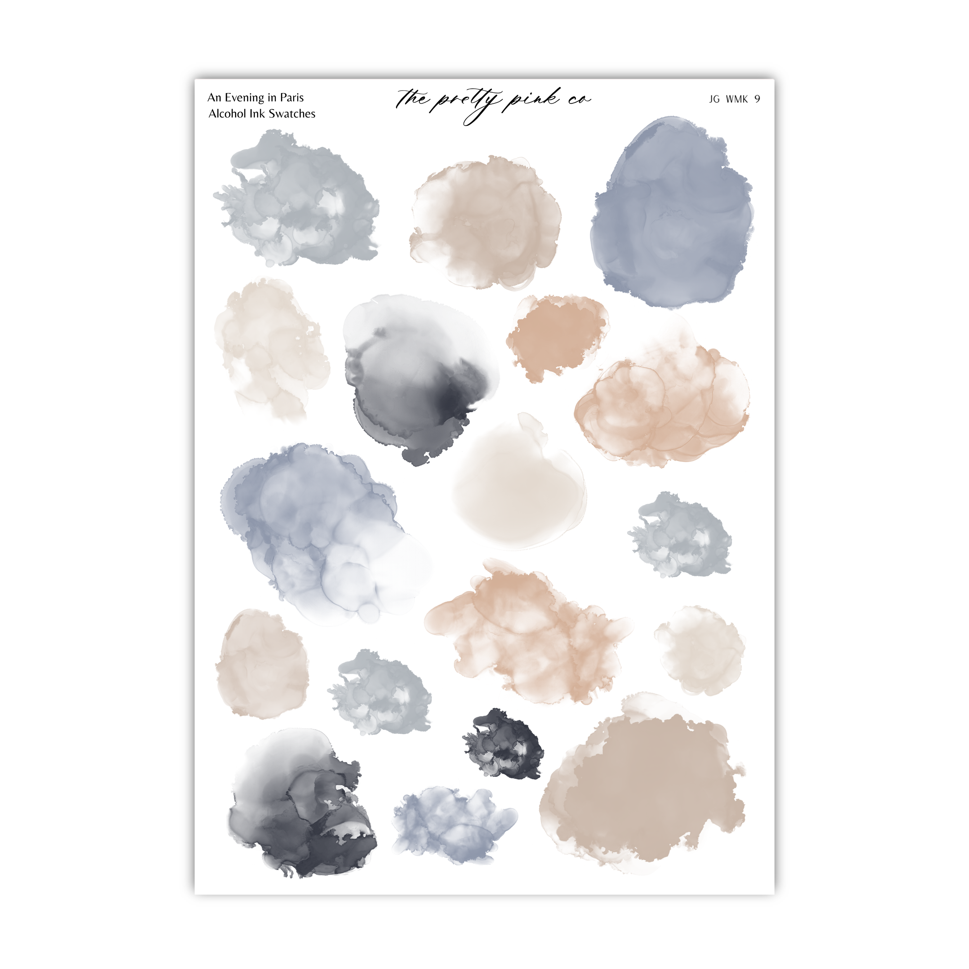 a collection of abstract watercolor brush strokes in various shades of blue, gray, and beige, arranged in a grid-like pattern.