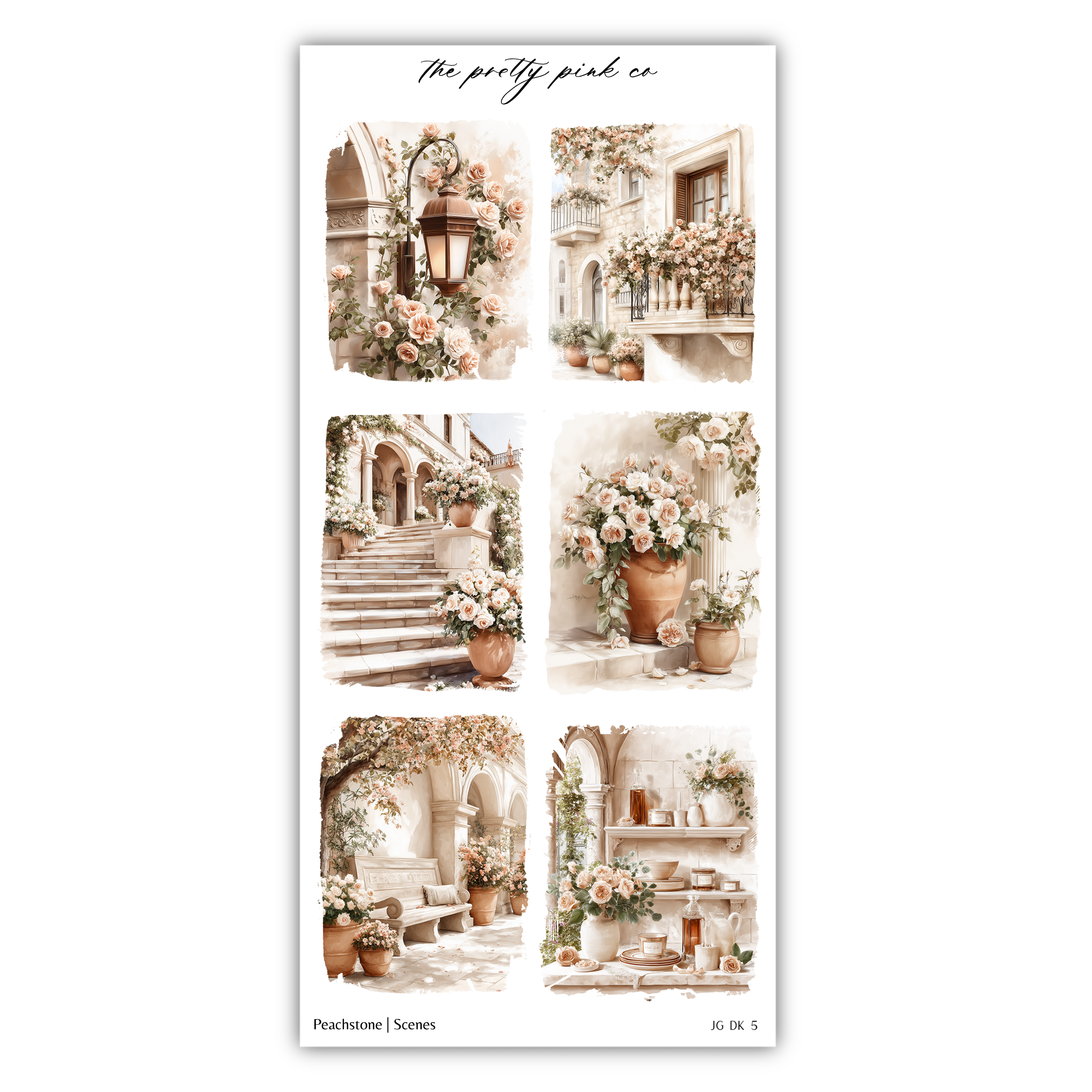 The image is a collage of six pictures depicting various scenes with flowers, including a building with a balcony, a staircase, and a vase of flowers.
