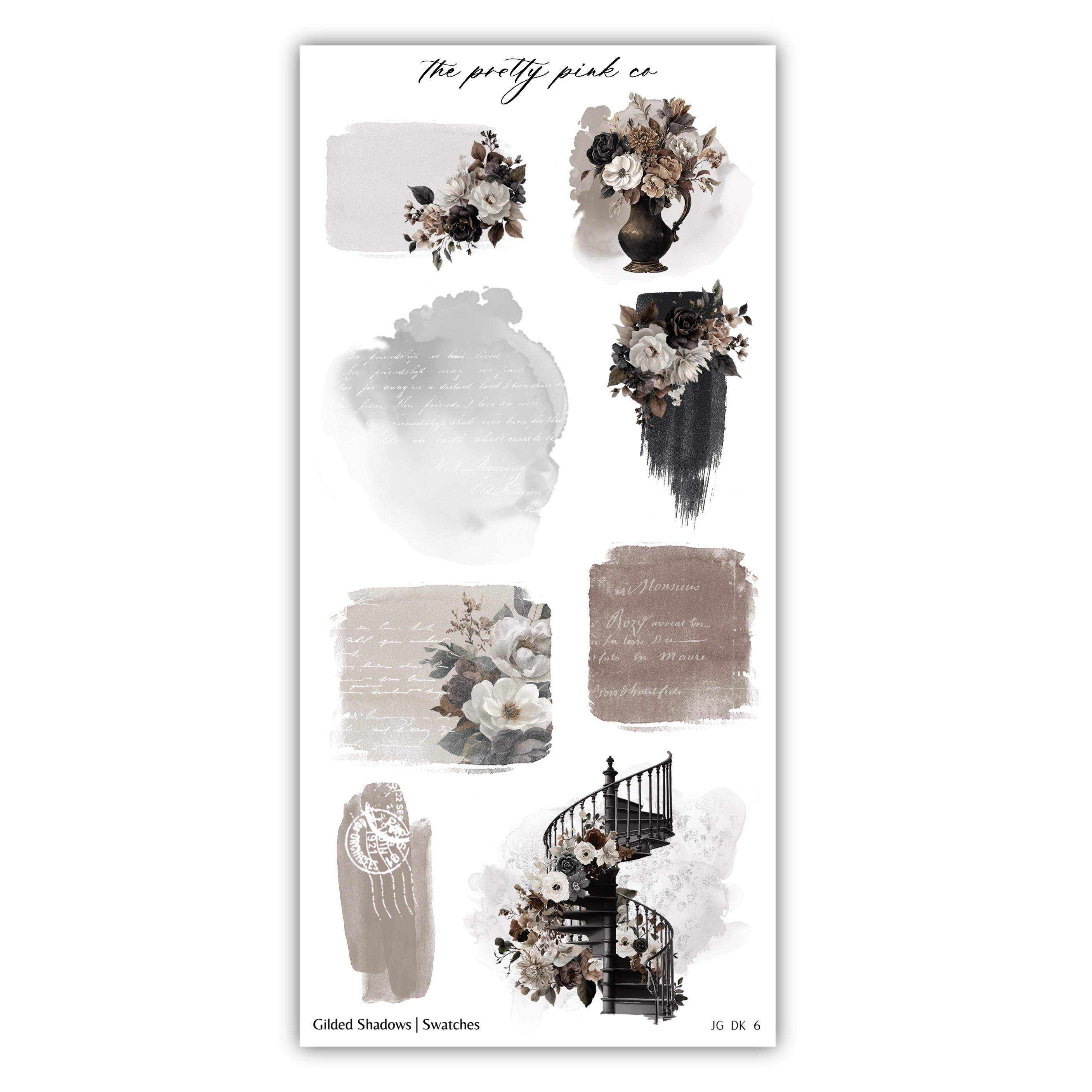 various artistic elements, including floral arrangements, abstract shapes, and a spiral staircase. The image is a collage of different artistic elements, and it does not contain any text that can be described in fewer than 500 characters.