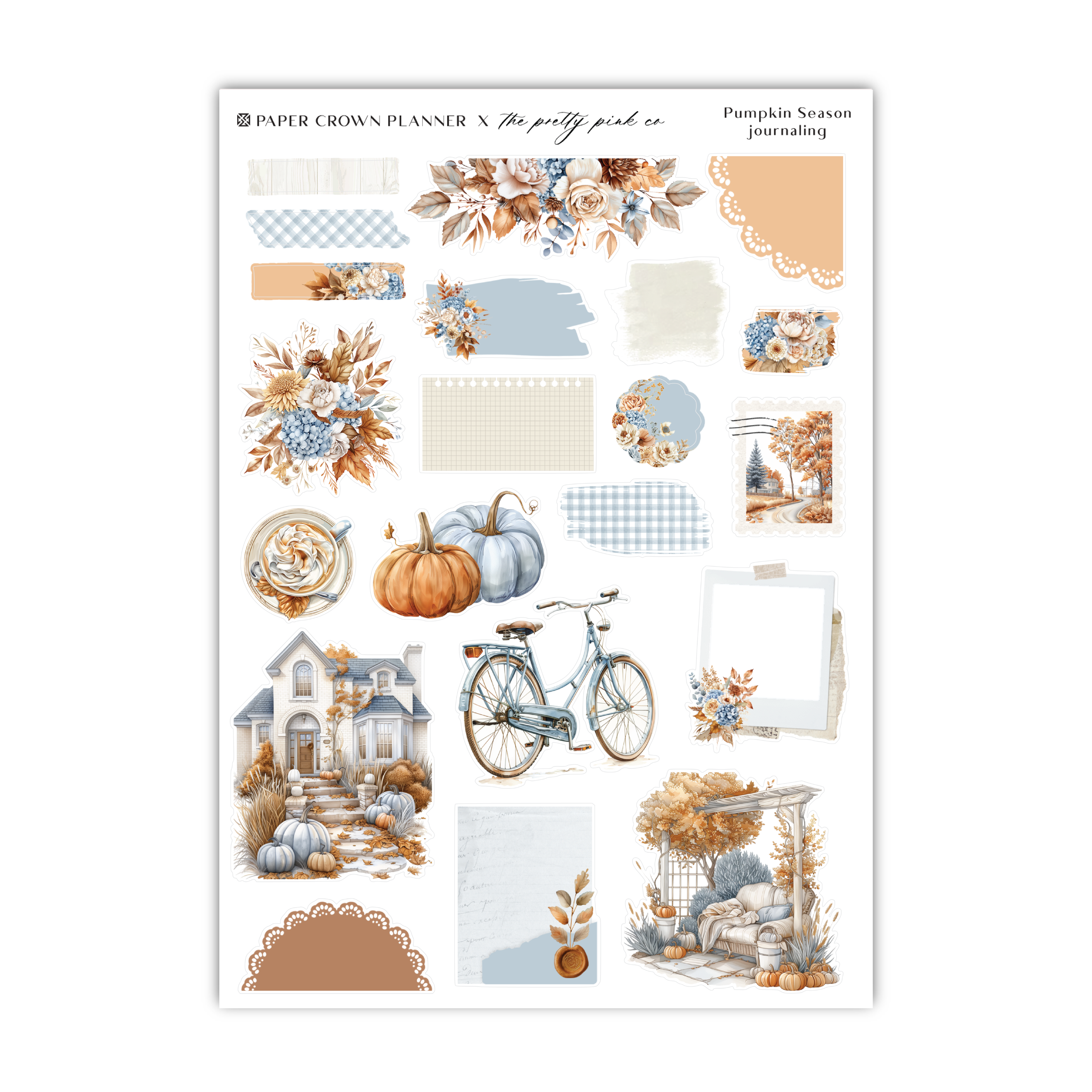 a sticker sheet with a bicycle and pumpkins