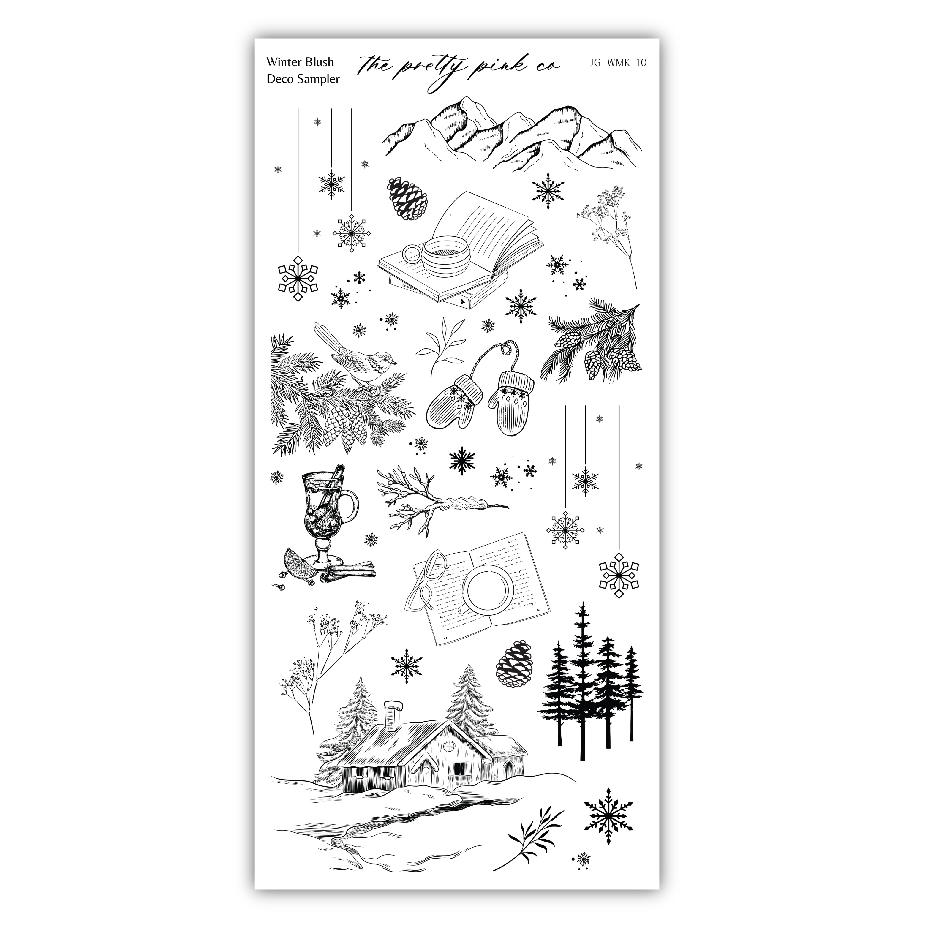 various winter-themed illustrations and objects, including a snowy mountain, pine trees, a cabin, a mug, a book, and snowflakes.