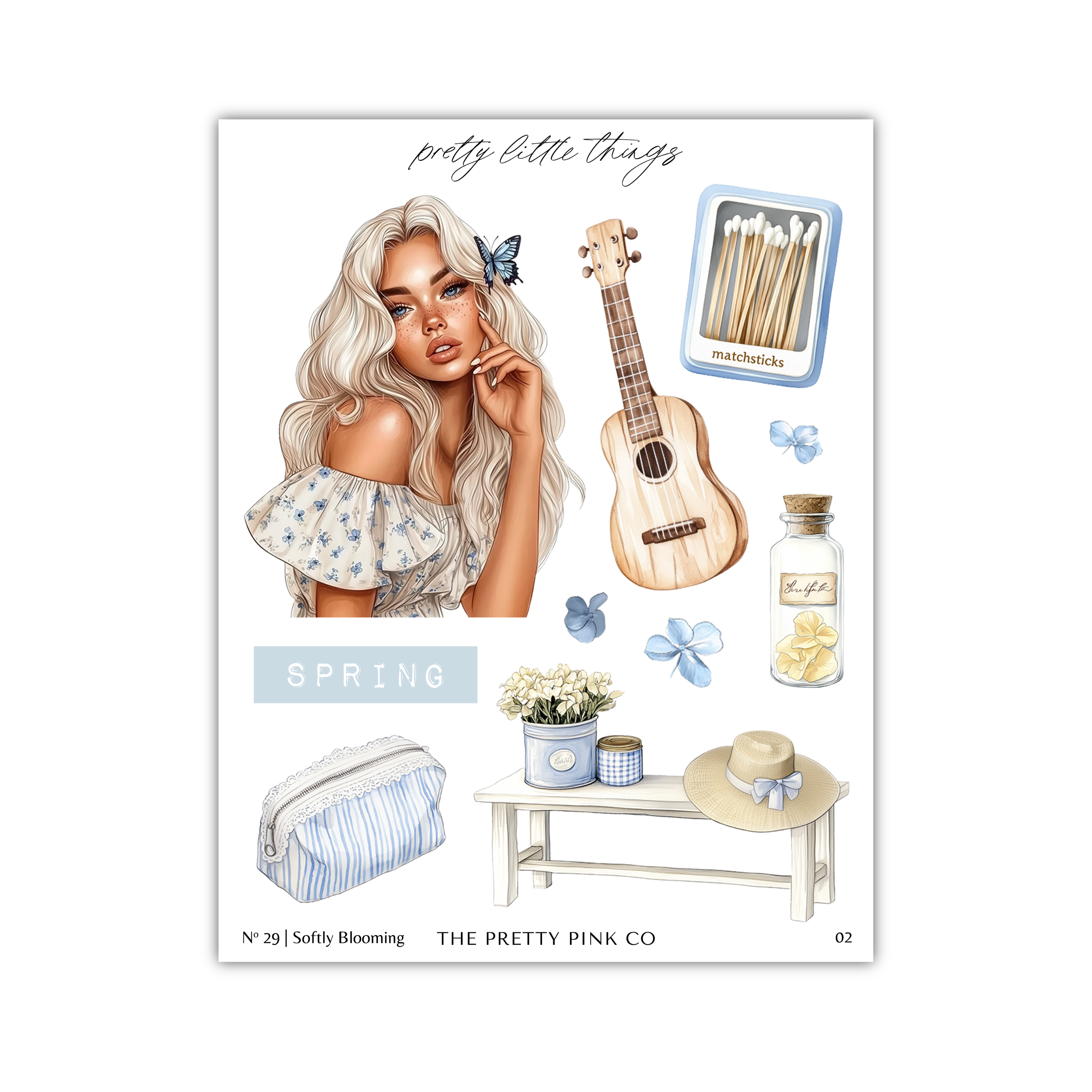 The image is a collage of various spring-themed items, including a woman with long blonde hair, a guitar, flowers, and other accessories.