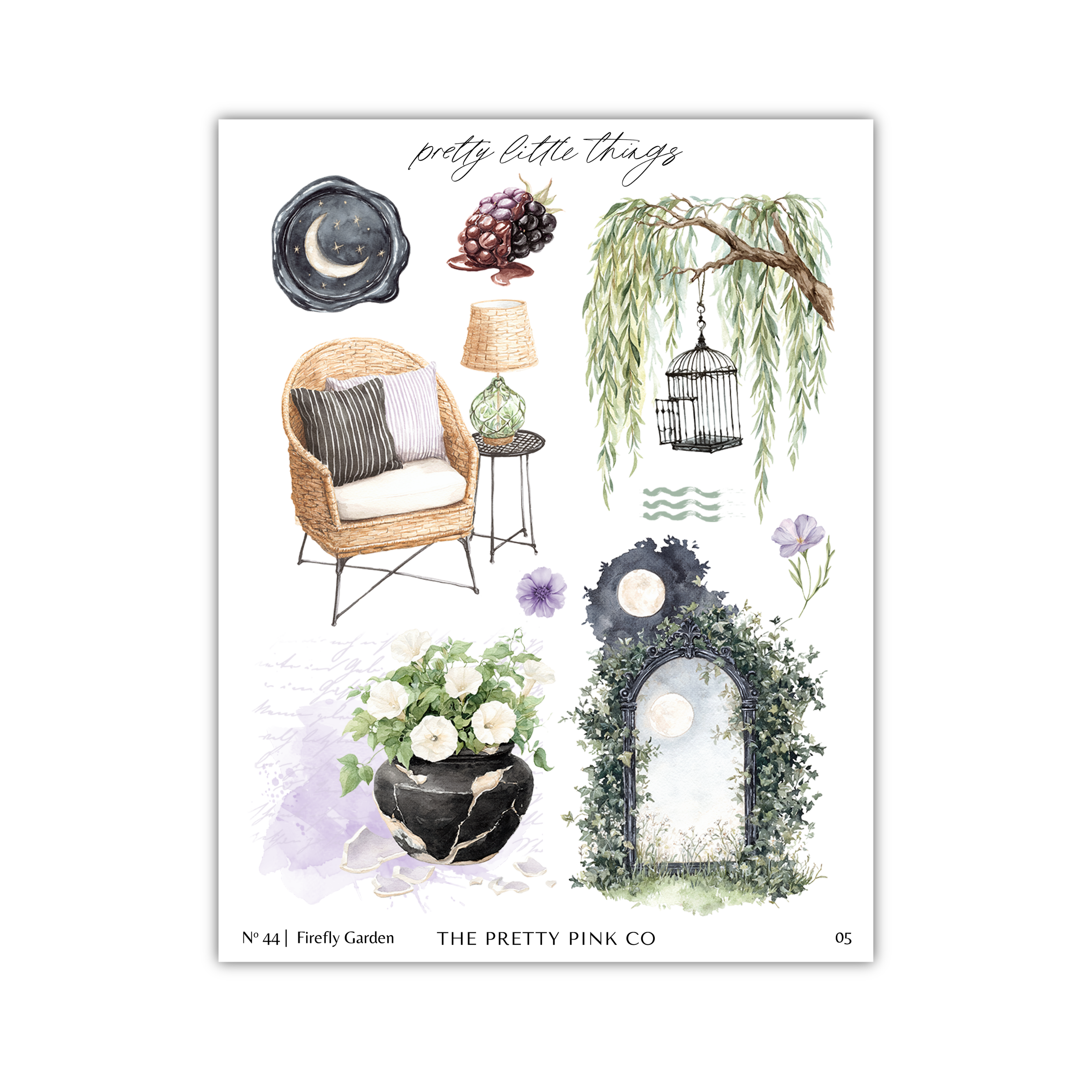 The image is a collage of various decorative items and plants, including a wicker chair, a birdcage, a lamp, a potted plant, a vase, and a mirror. The collage is titled "pretty little things" and is part of "The Pretty Pink Co."