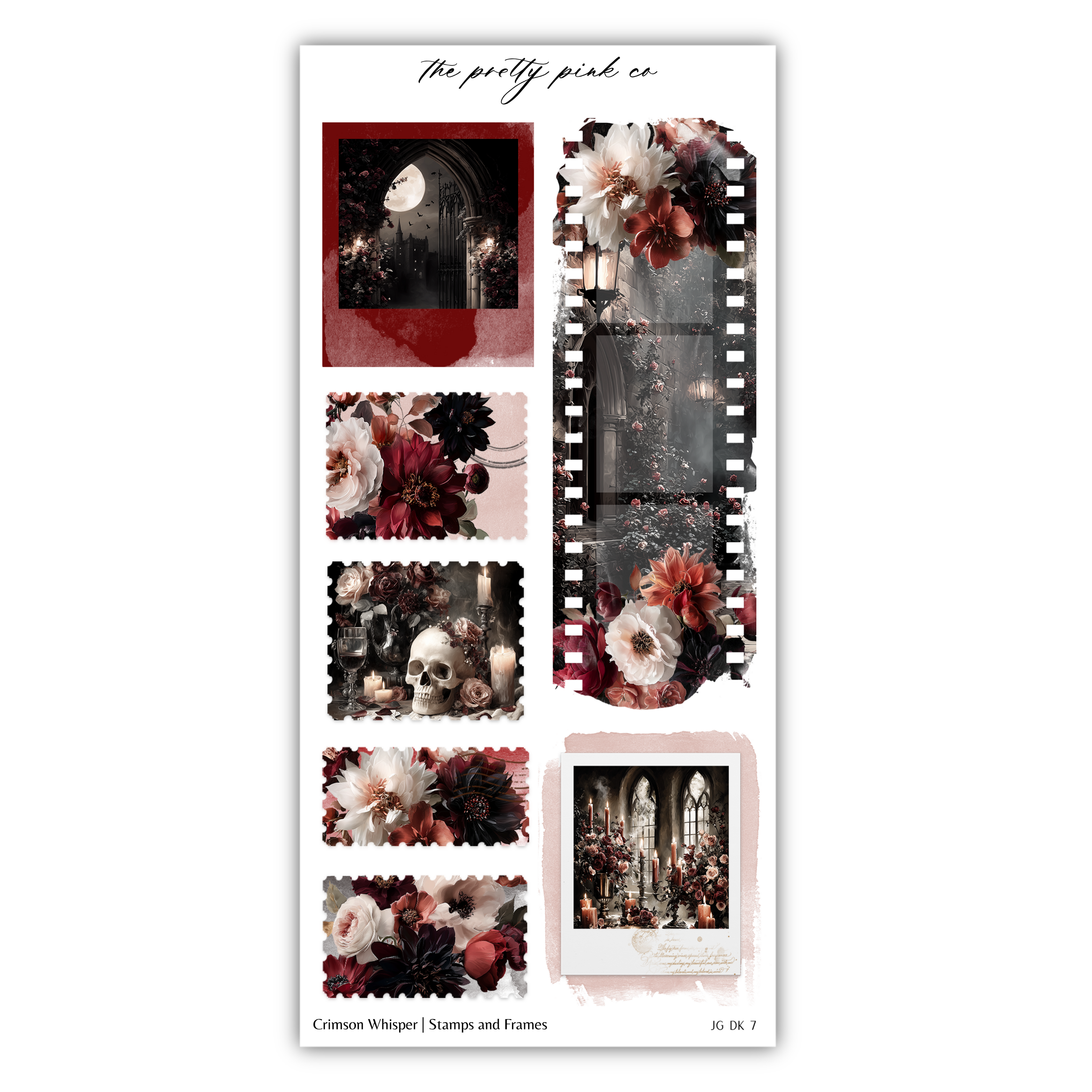 The image is a collage of various images, including a skull, flowers, and a film strip, all framed within a decorative border.