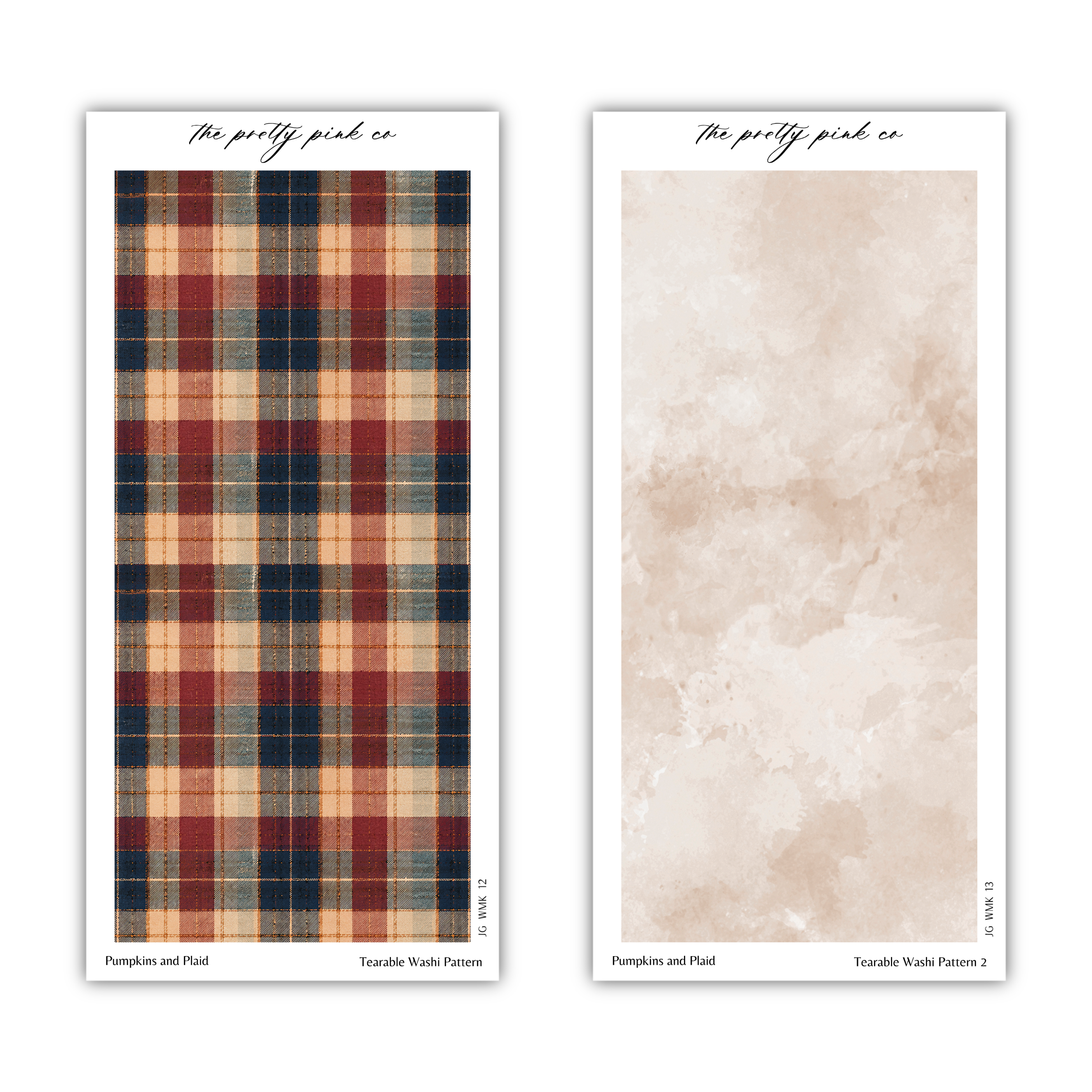 two different patterns: a plaid pattern and a wash pattern. The plaid pattern is a checkered design with a mix of red, blue, and orange colors, while the wash pattern is a light beige color with a textured appearance.