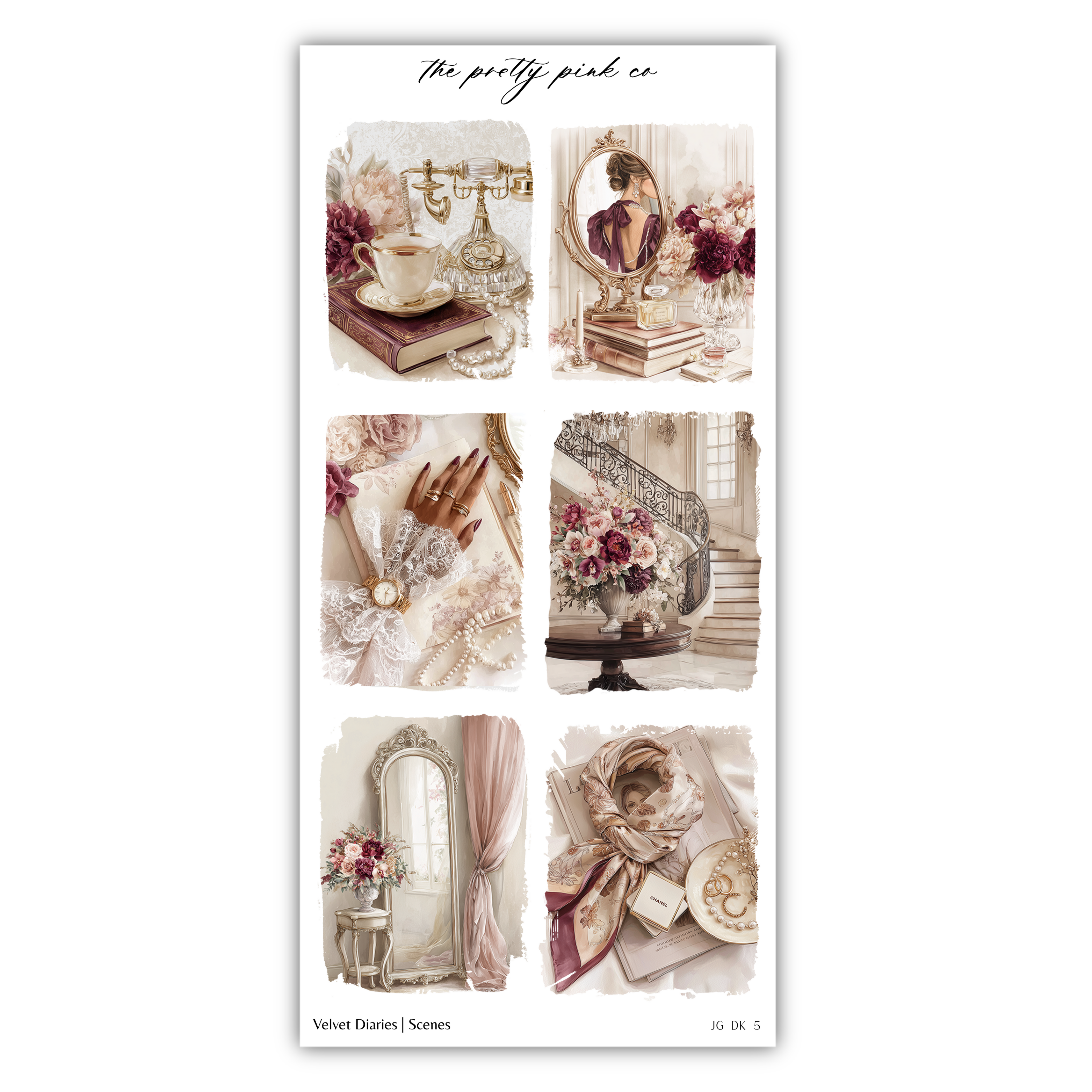 The image is a collage of six smaller images, each depicting a different scene related to the theme of "The pretty pink co". The images include a mirror, a cup, flowers, a book, a staircase, and a vase. The collage is titled "The pretty pink co" and is part of the " Velvet Diaries / Scenes" series.