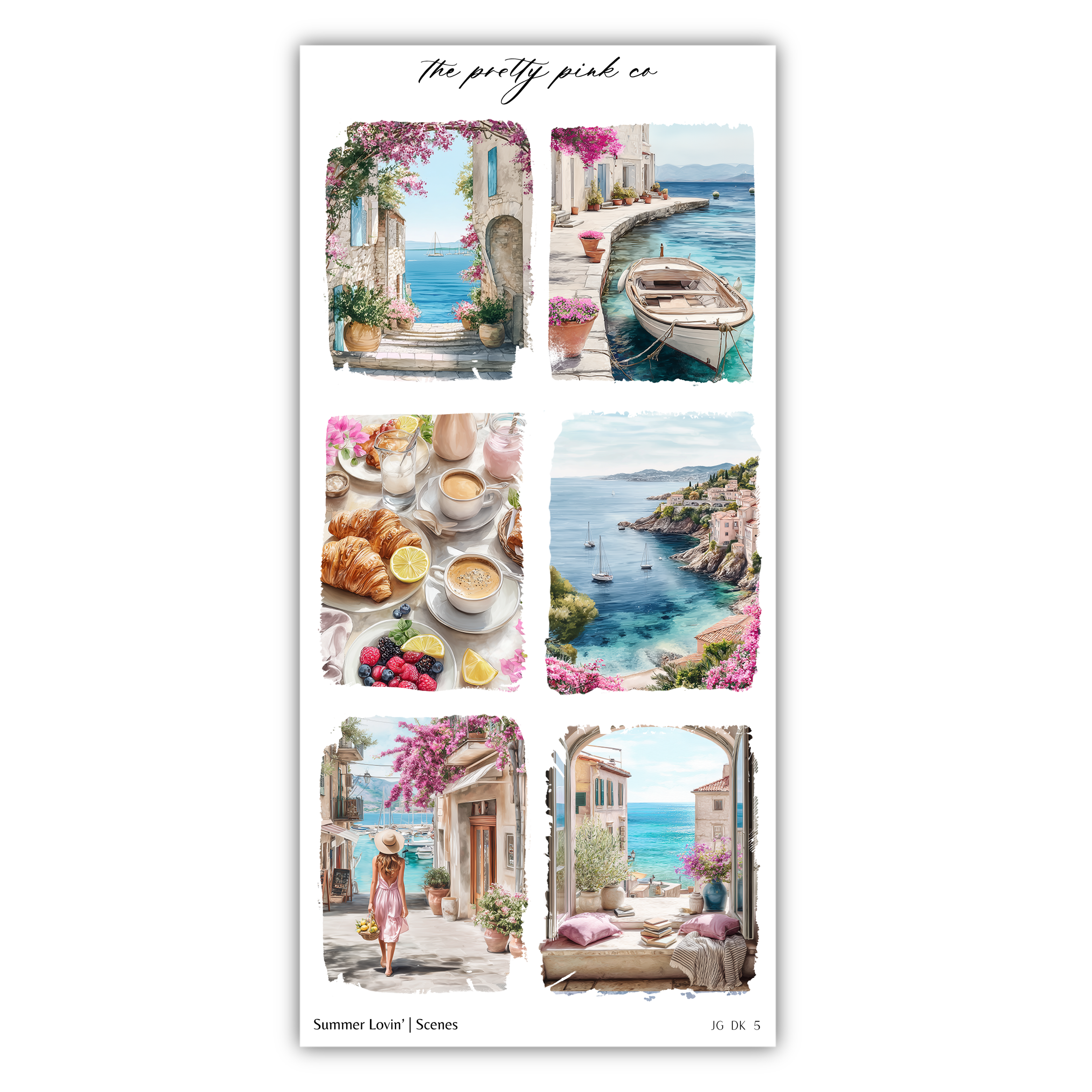 The image is a collage of six pictures depicting various scenes and elements of summer, including a boat, a person, a table with food, a coastal town, and a woman walking.