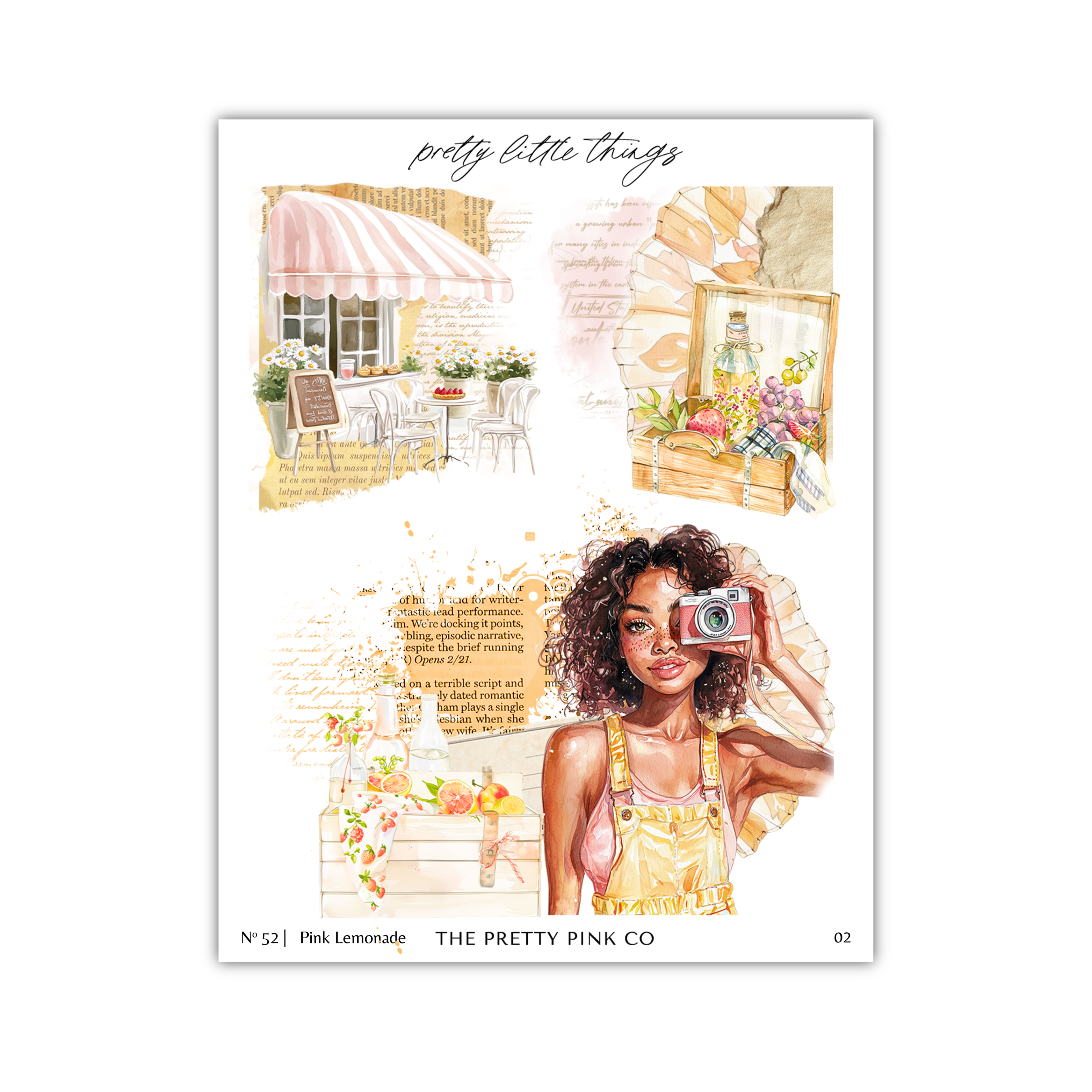 The image is a collage of various scenes, including a woman taking a selfie, a cafe or restaurant, and a floral arrangement.