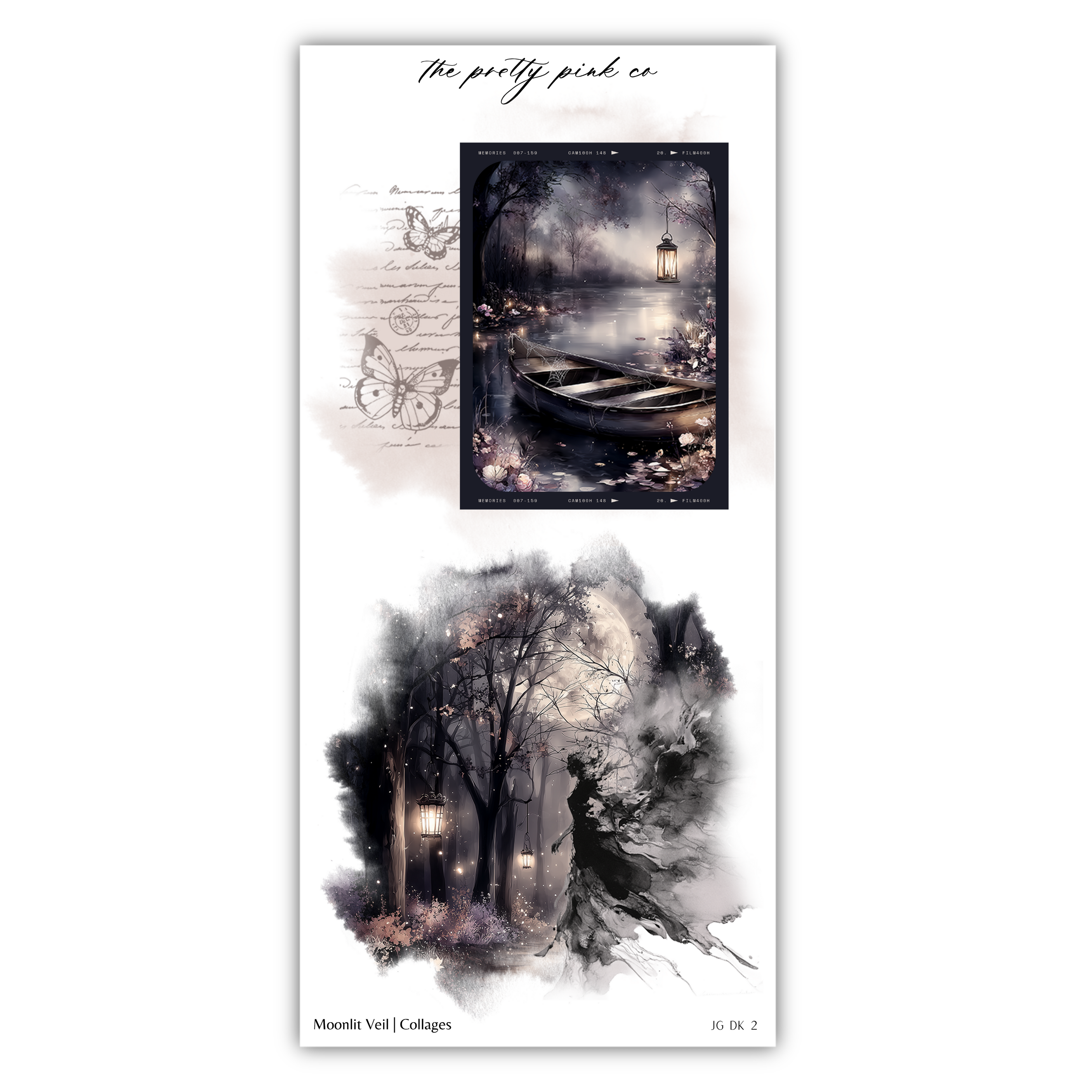 The image is a collage of two pictures depicting a serene nighttime scene with a boat on a lake, surrounded by trees and illuminated by lanterns.