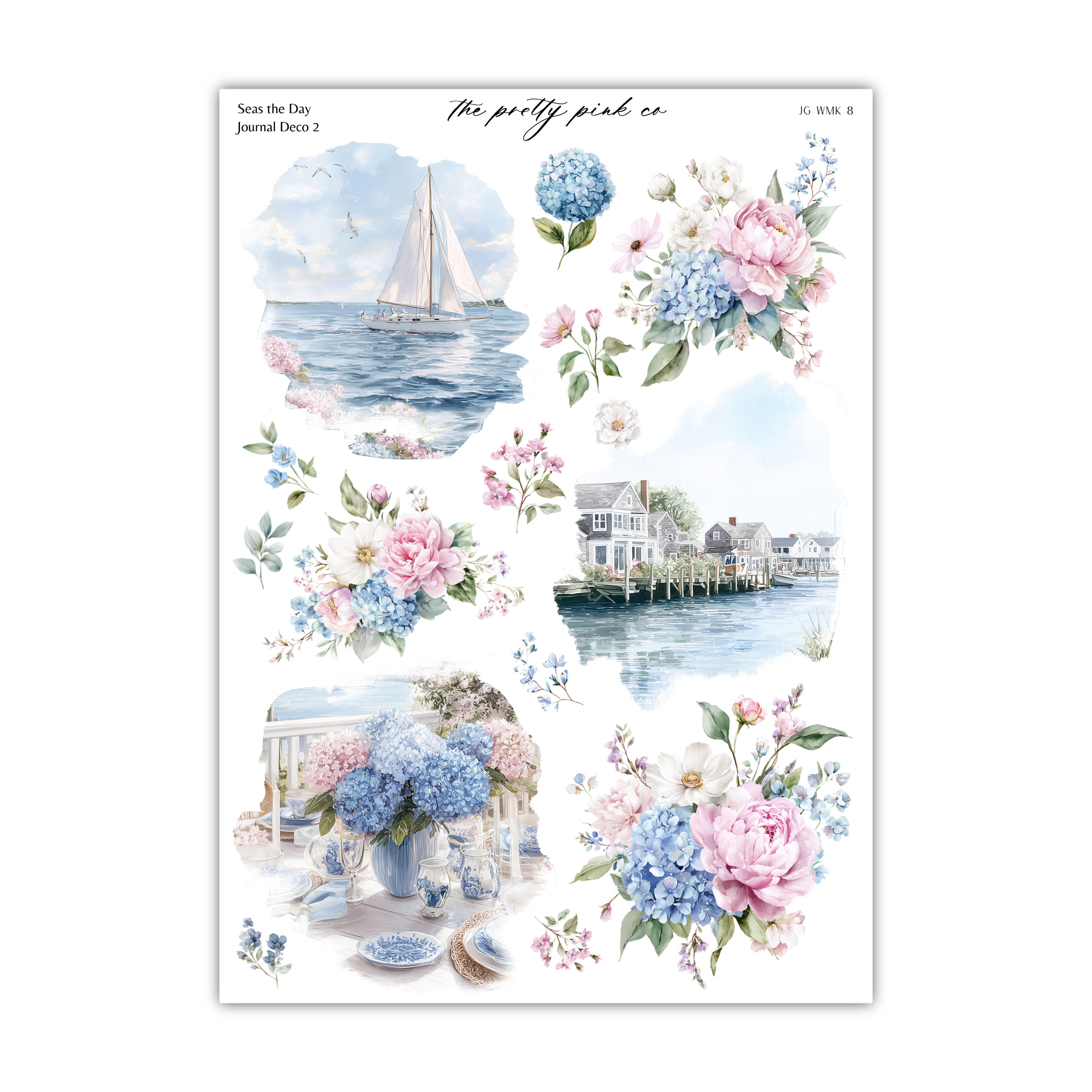 The image is a collage of various floral and nautical elements, including a sailboat, flowers, a house, and a body of water.