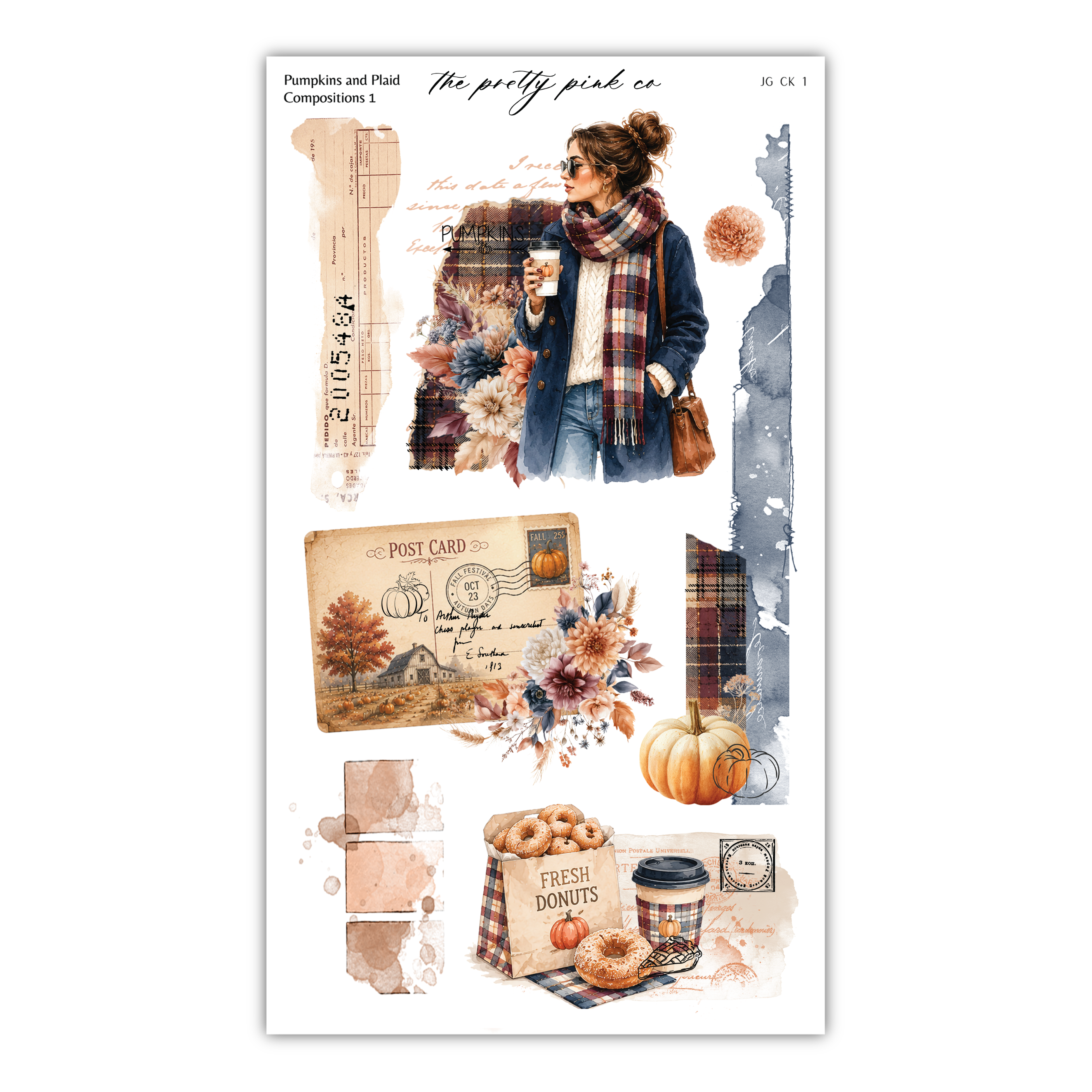 The image is a collage of various autumn-themed elements, including a woman in a plaid scarf, a pumpkin, a postcard, and a bag of donuts.
