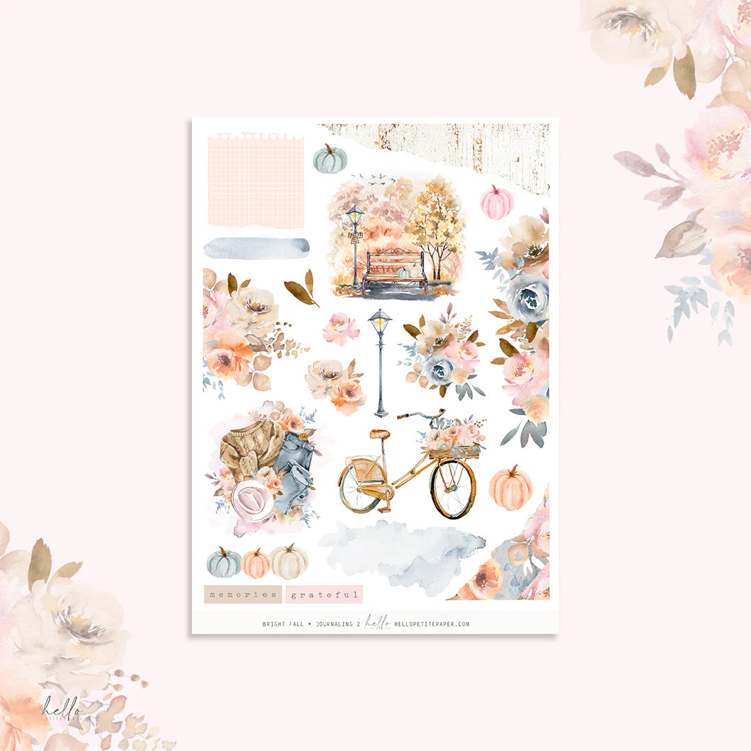 The image is a collage of various autumn-themed elements, including pumpkins, flowers, a bicycle, and a tree.