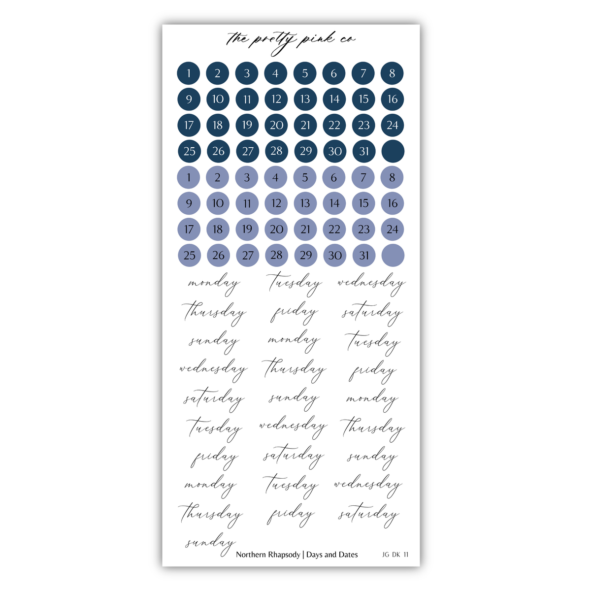 The image is a calendar with a grid of blue circles representing days of the week, and the days of the week written in cursive.