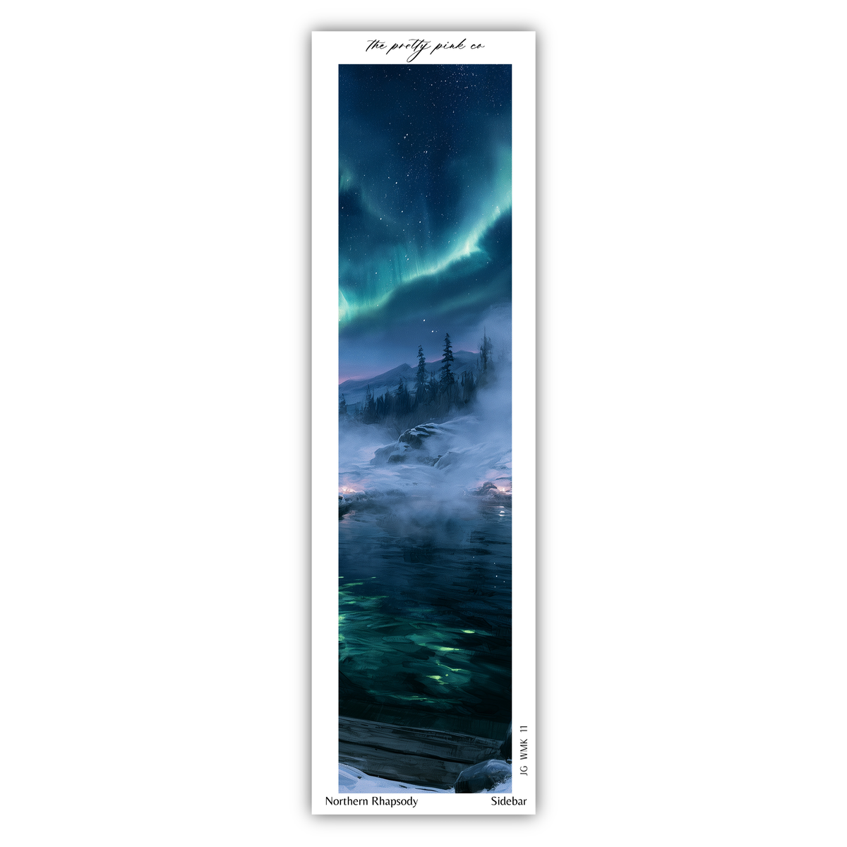 a serene night scene with a stunning display of the northern lights, featuring a vibrant blue sky with a mesmerizing green and white aurora borealis. The scene is set against a backdrop of a misty, foggy landscape with a body of water, creating a sense of tranquility and wonder.