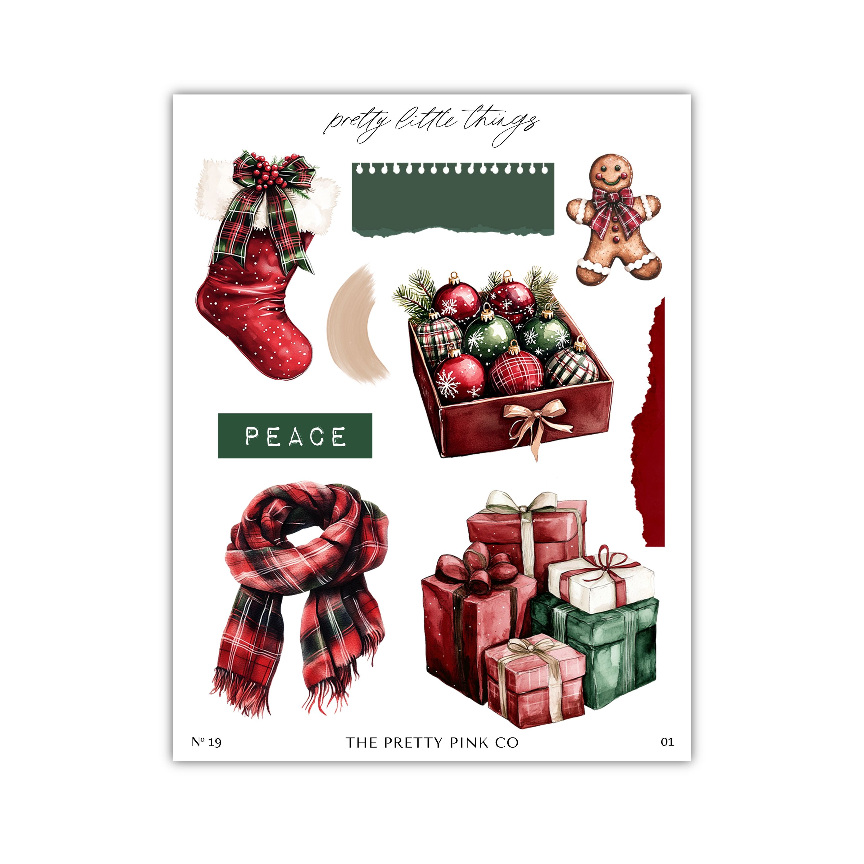various Christmas-themed items, including a red stocking, a gingerbread man, a box of ornaments, a scarf, and gift boxes.