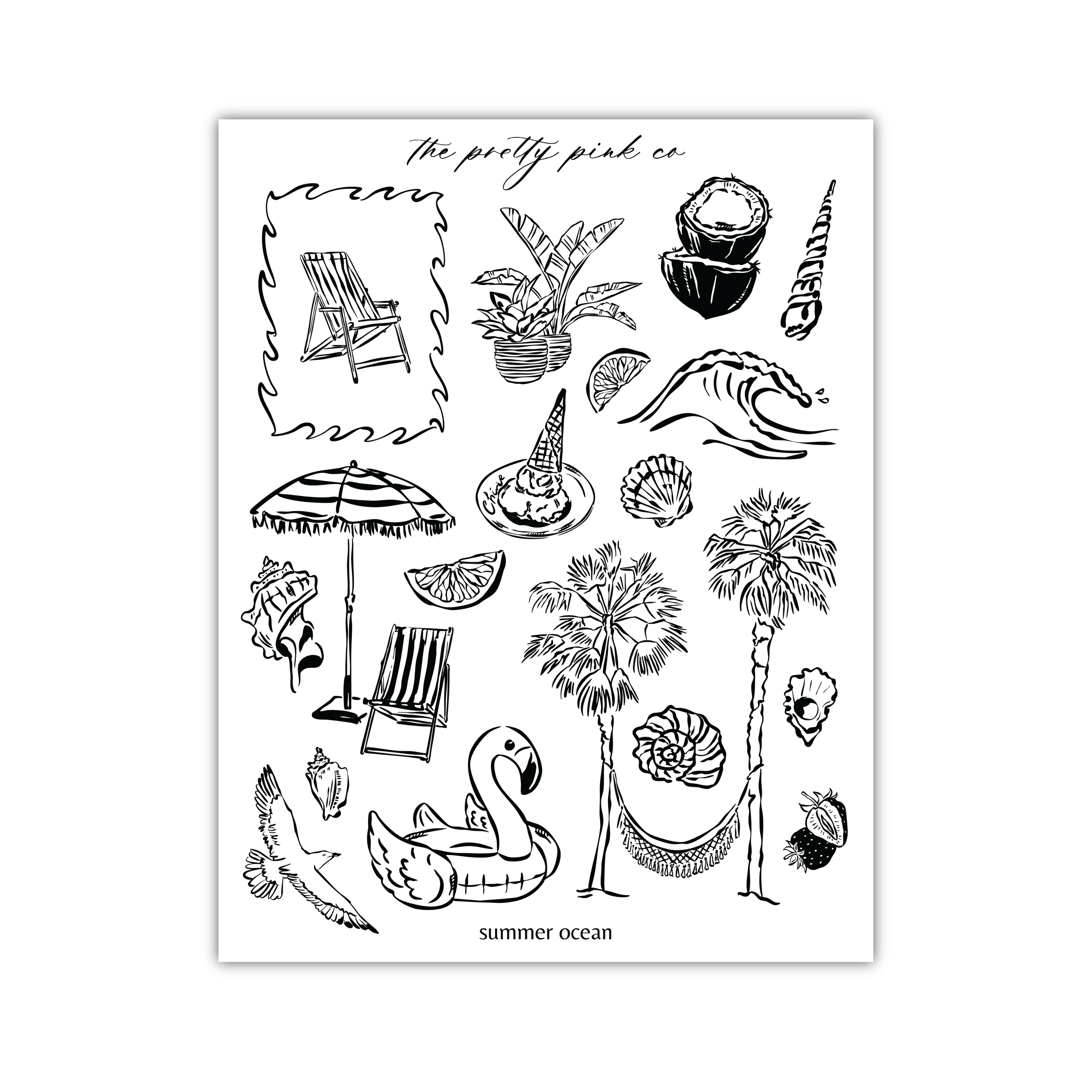 various summer-themed illustrations, including a beach chair, umbrella, palm tree, seashells, a flamingo, and a bird.