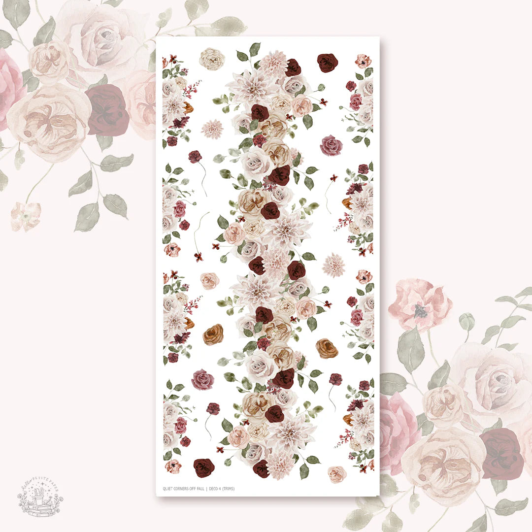 a floral pattern with various types of flowers, including roses, dahlias, and other blooms, arranged in a vertical line. The flowers are depicted in different shades of pink, white, and burgundy, creating a visually appealing and harmonious design.