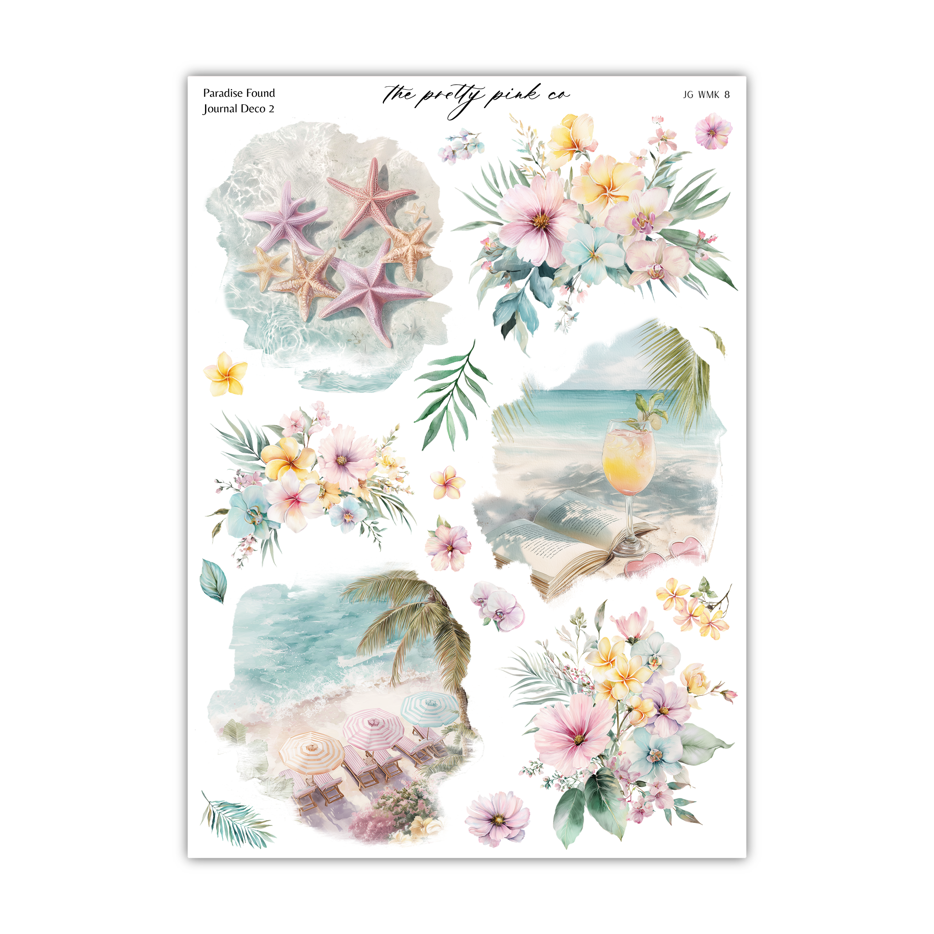 The image is a collage of various tropical floral and beach-themed elements, including starfish, flowers, palm trees, and a beach scene.