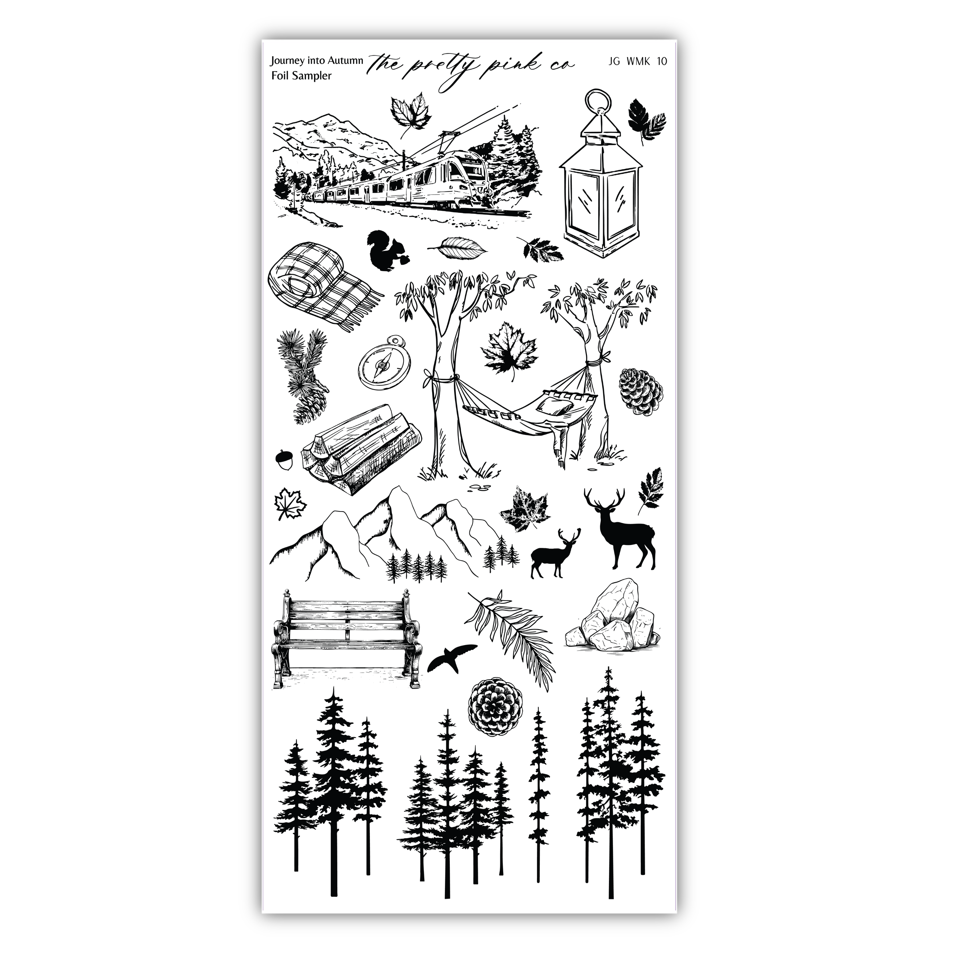 various black and white illustrations of nature elements, such as trees, animals, and objects, arranged in a collage-like manner.