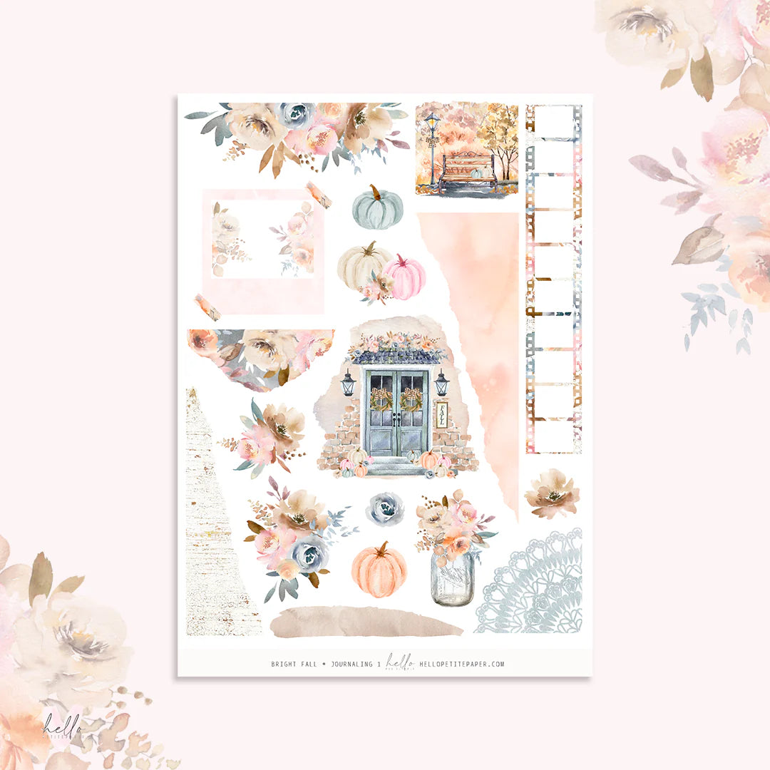 The image is a collage of various fall-themed elements, including pumpkins, flowers, a house, and a ladder.