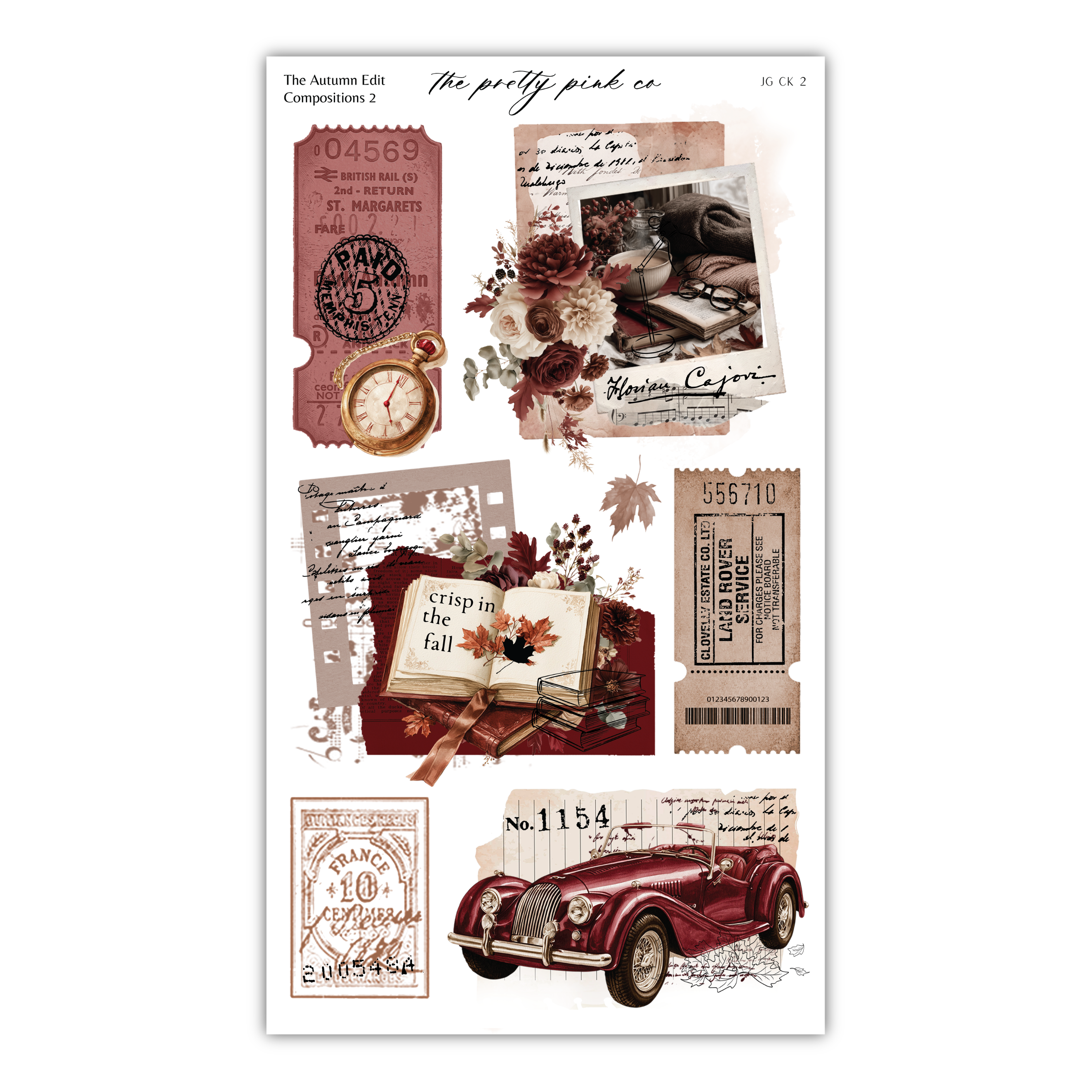 The image is a collage of various vintage-style items, including a pocket watch, a book, a car, and tickets, all set against a maroon and brown color scheme.