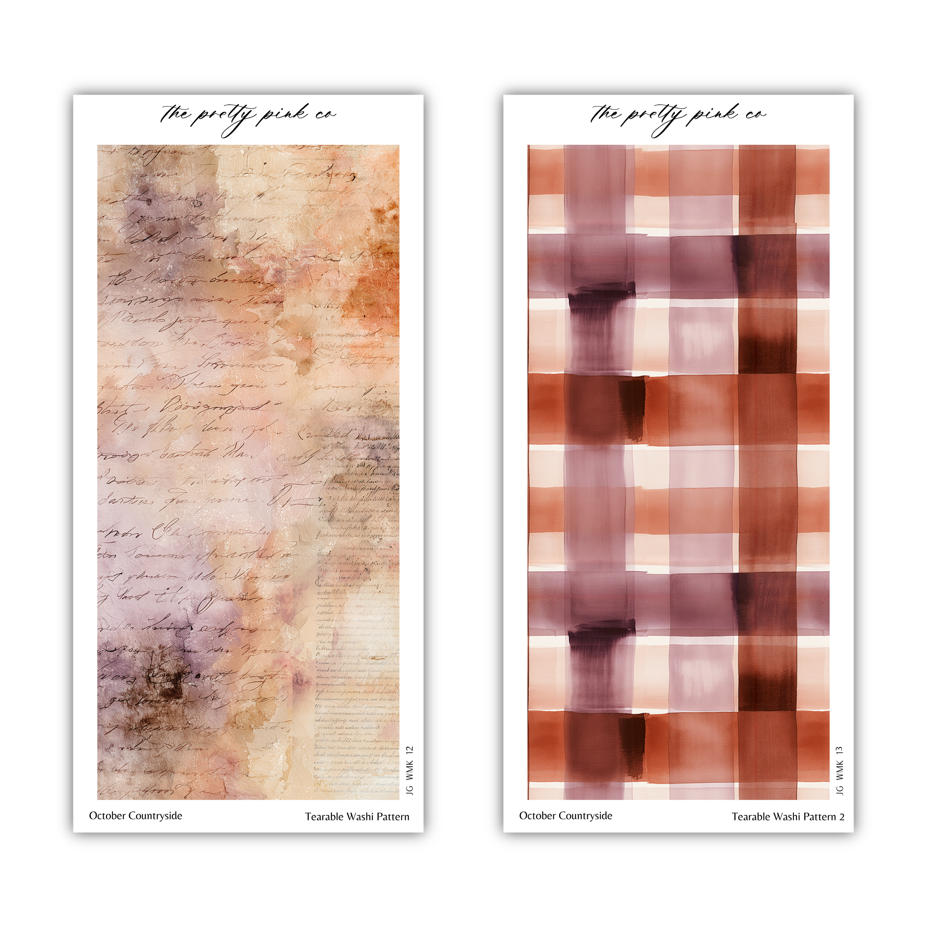 two distinct artworks, each with a different style and color scheme. The first artwork is a textured, vintage-inspired piece with a faded, distressed appearance, while the second artwork is a bold, abstract pattern with a mix of pink and orange hues. The artworks are titled "The pretty pink co" and "Terrable Wash Pattern 2", respectively, indicating their subject matter and artistic approach.