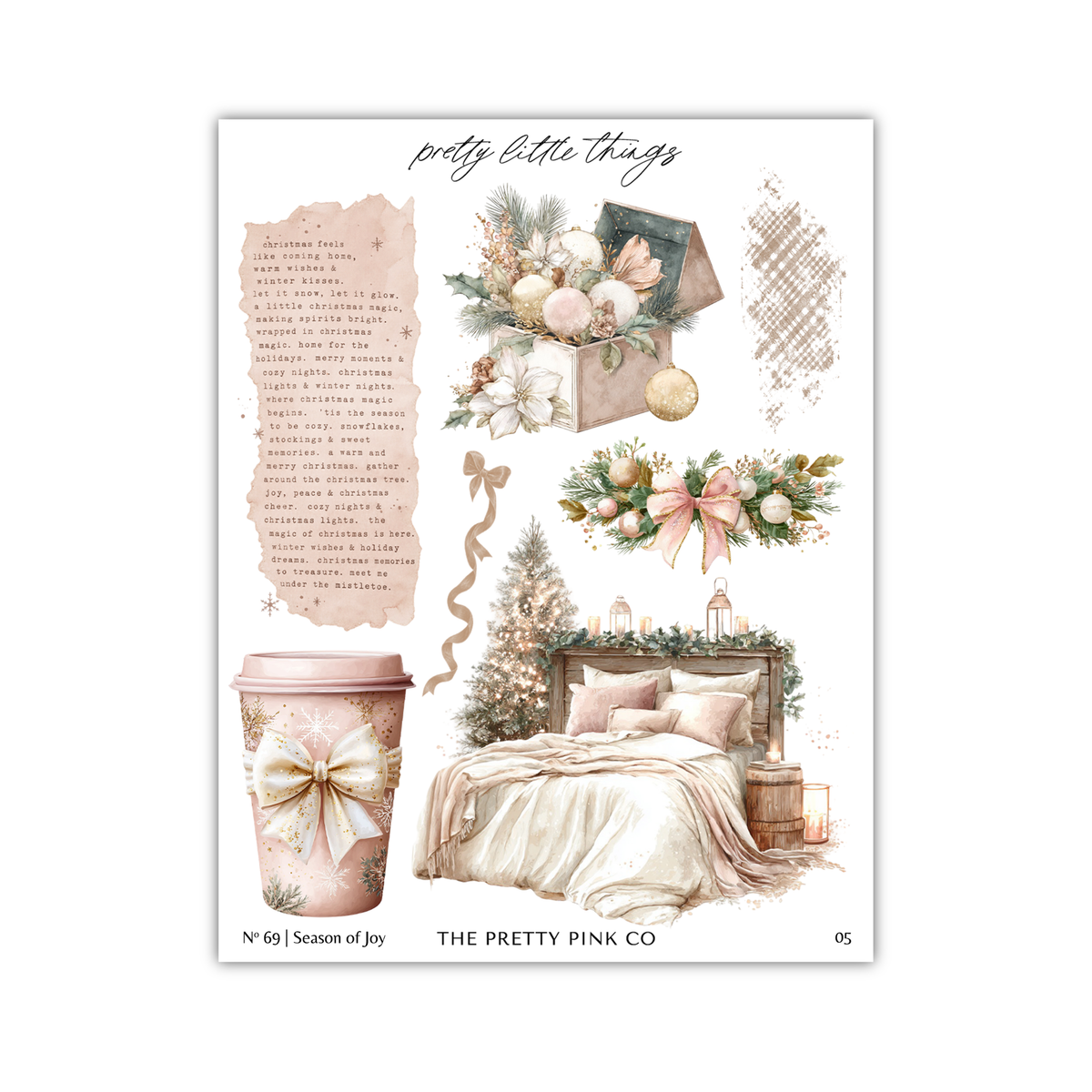 The image is a collage of various Christmas-themed elements, including a bed, a coffee cup, a Christmas tree, and other decorative items. The collage is titled "pretty little things" and features a variety of colors and textures, creating a festive and cozy atmosphere.