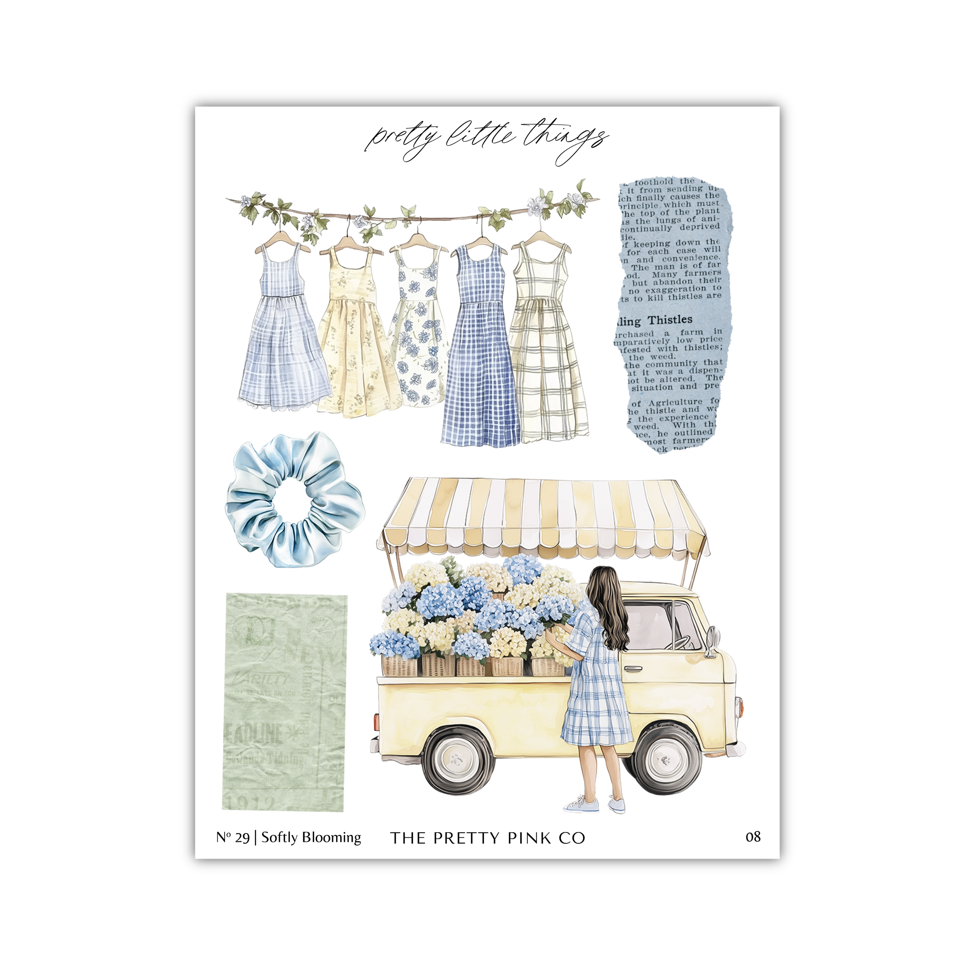 The image is a collage featuring various elements related to fashion, nature, and a woman. It includes illustrations of dresses hanging on hangers, a woman standing next to a truck filled with flowers, and a woman looking at the flowers. The collage also includes text elements such as "pretty little things" and "The pretty pink co".