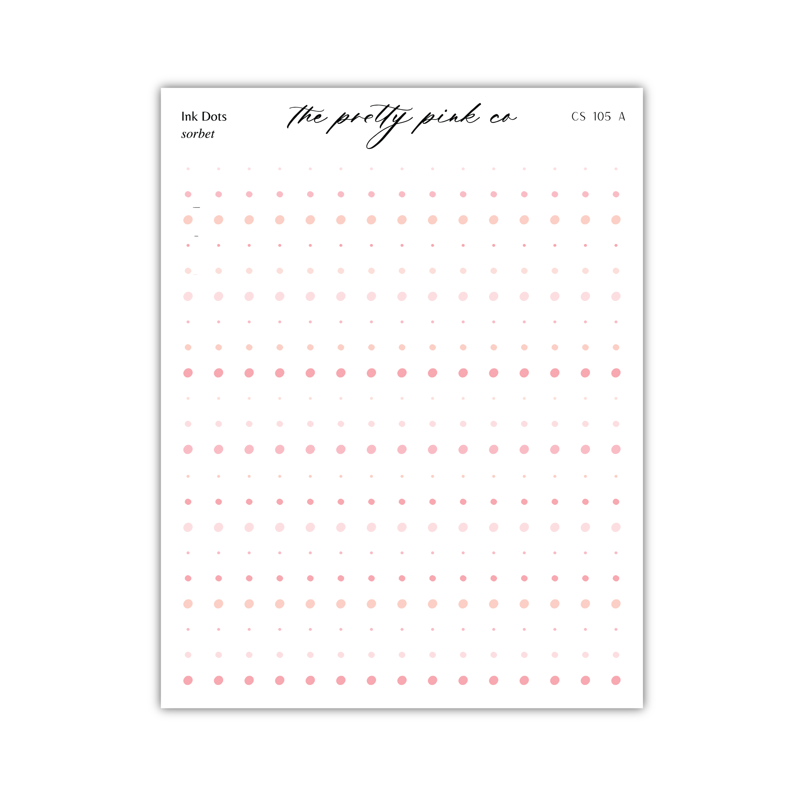 The image is a page from a notebook or binder with a grid of small pink dots arranged in rows and columns. The page is titled "ink dots" and "sketch" in black text.