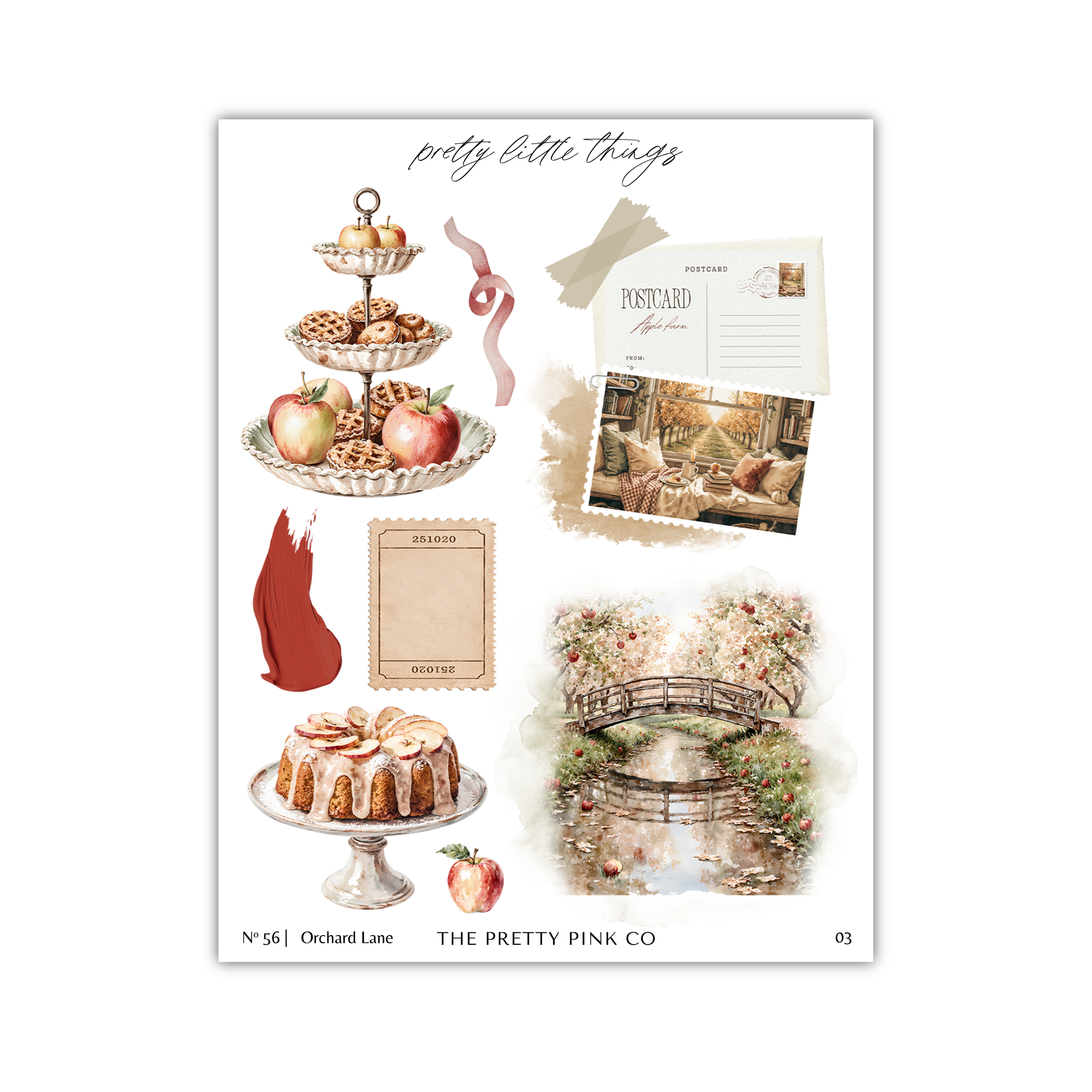 The image is a collage of various decorative elements, including a cake, apples, a bridge, and a postcard. The collage is titled "pretty little things" and includes a "POSTCARD" and a "Poster" in the image.