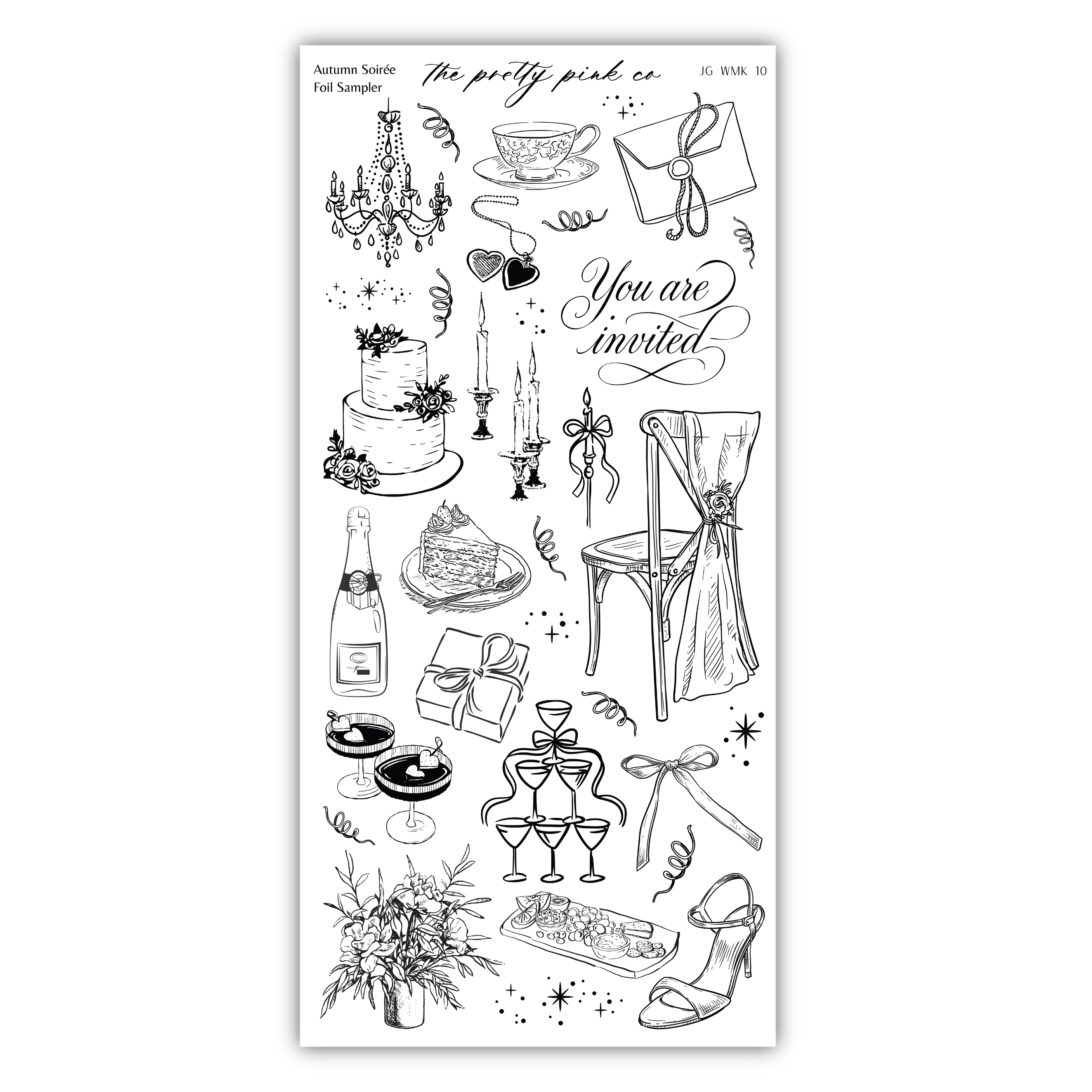 various decorative and celebratory elements, such as a cake, champagne bottle, champagne glasses, flowers, and a chair, all arranged in a visually appealing manner.