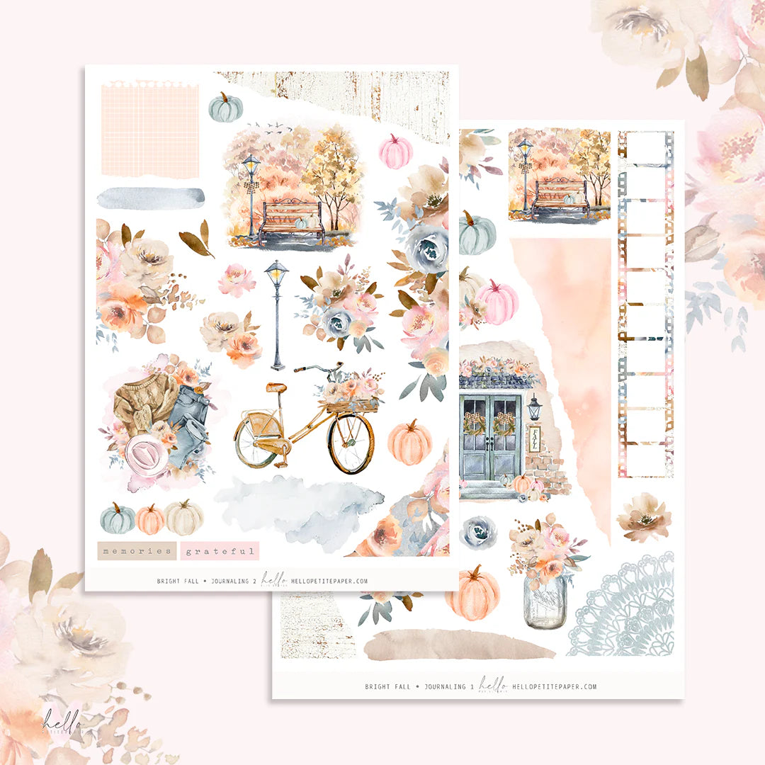 The image is a collage of various autumn-themed elements, including a bicycle, pumpkins, flowers, and a house. The collage is set against a pink background with floral elements.