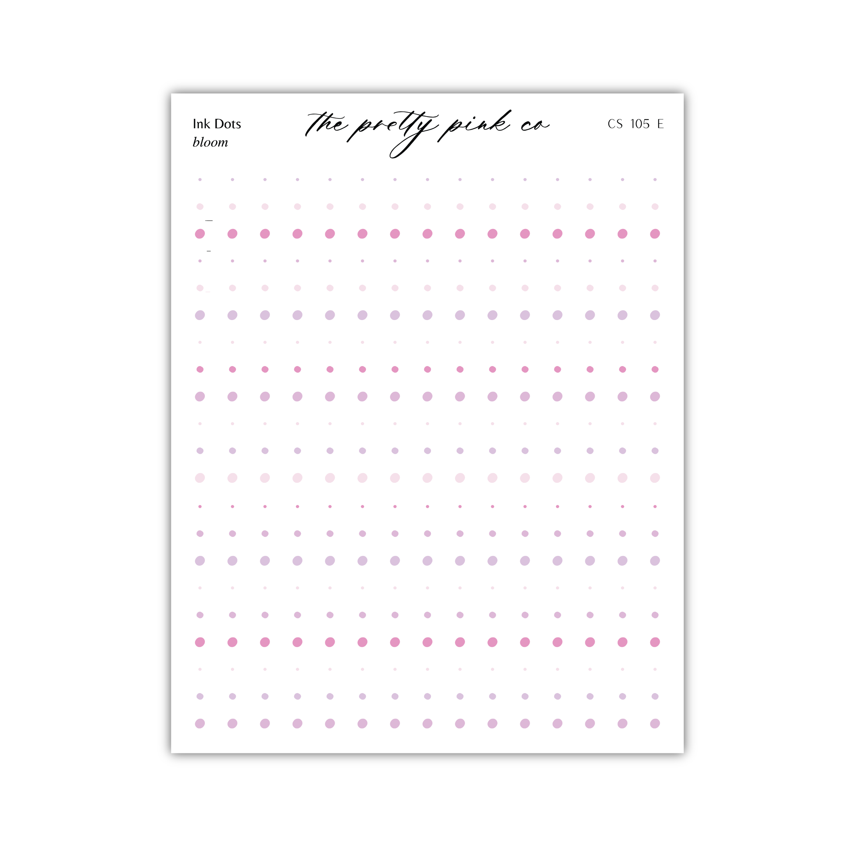 The image is a page from a notebook or sketchbook with a grid of pink dots arranged in a pattern. The page is titled "The pretty pink co" and includes the text "ink dots bloom" and "CS 105 E".