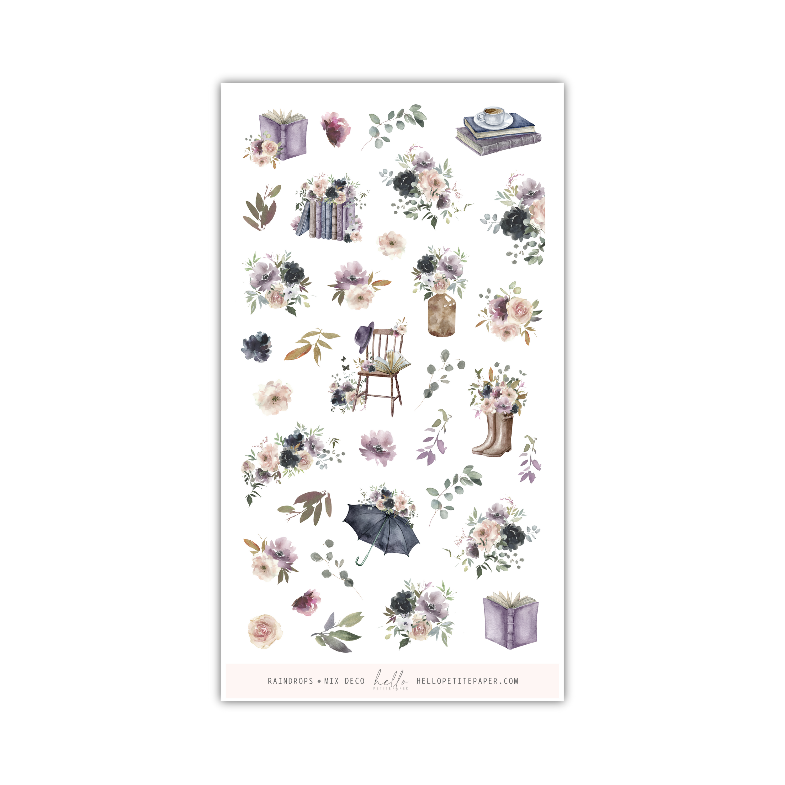 a sheet of stickers with flowers and a chair