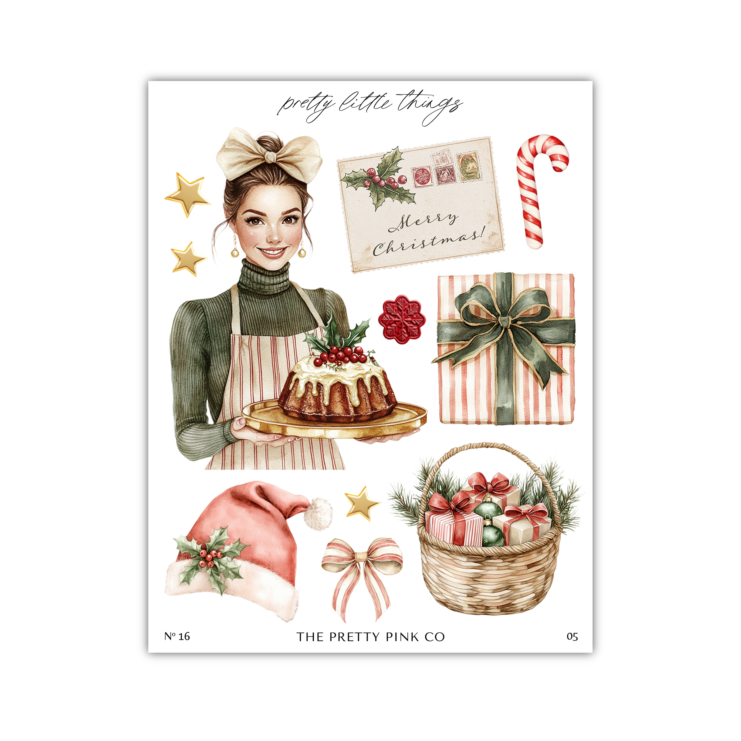 The image is a collage of various Christmas-themed items, including a woman holding a cake, a candy cane, gift boxes, a basket of presents, a hat, and other festive decorations.