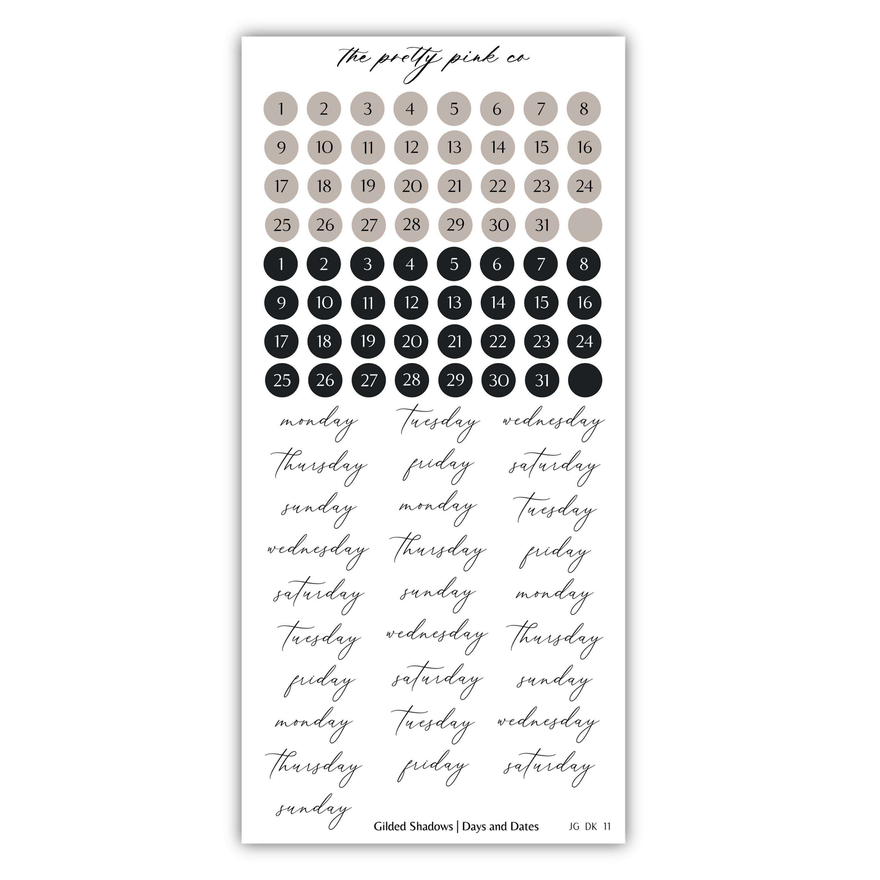 a calendar with days of the week and a grid of circles representing days of the week. The calendar is titled "The pretty pink co" and includes a grid of numbers representing days of the week.