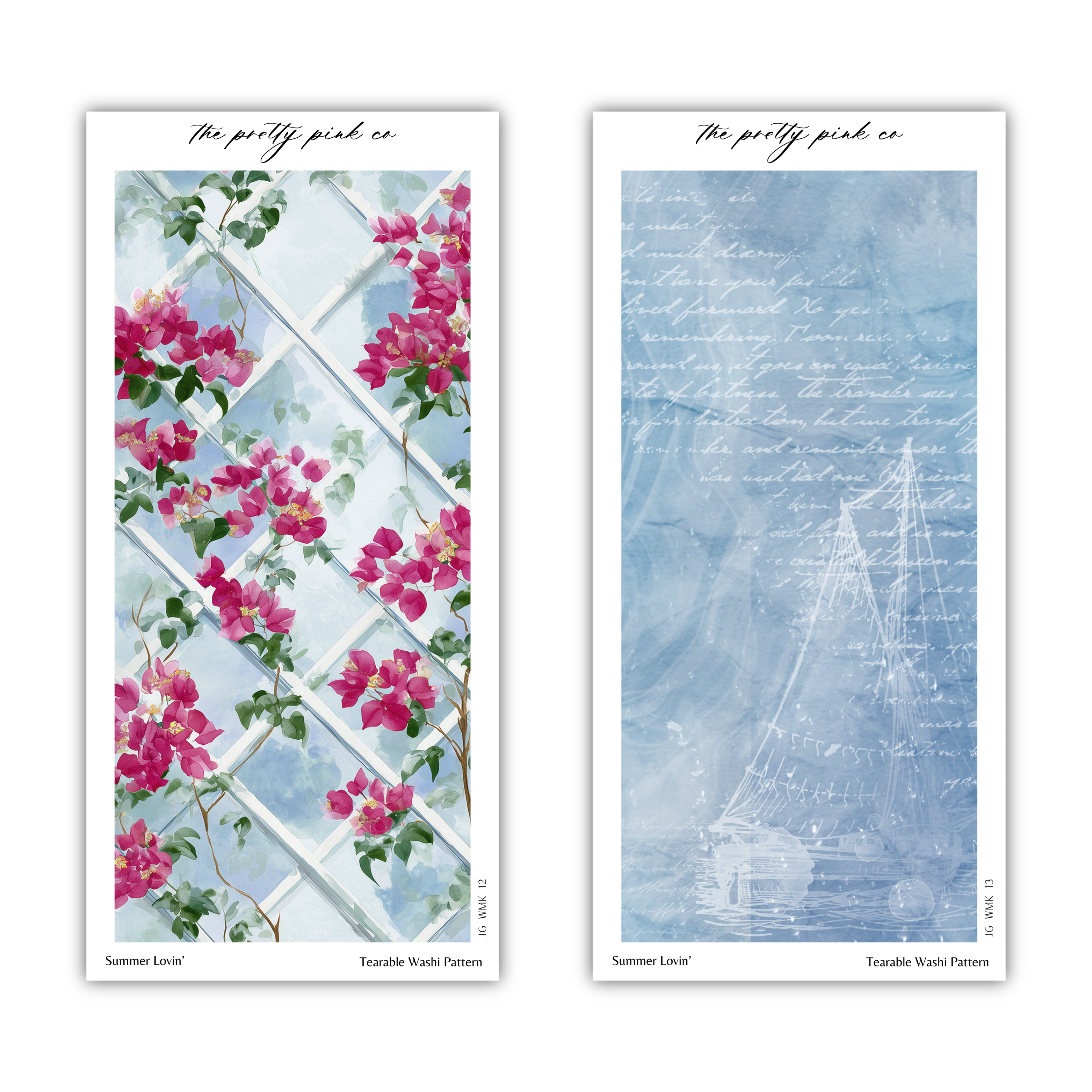 two separate pictures. The left picture features a floral pattern with pink flowers, while the right picture depicts a ship sailing on a body of water.