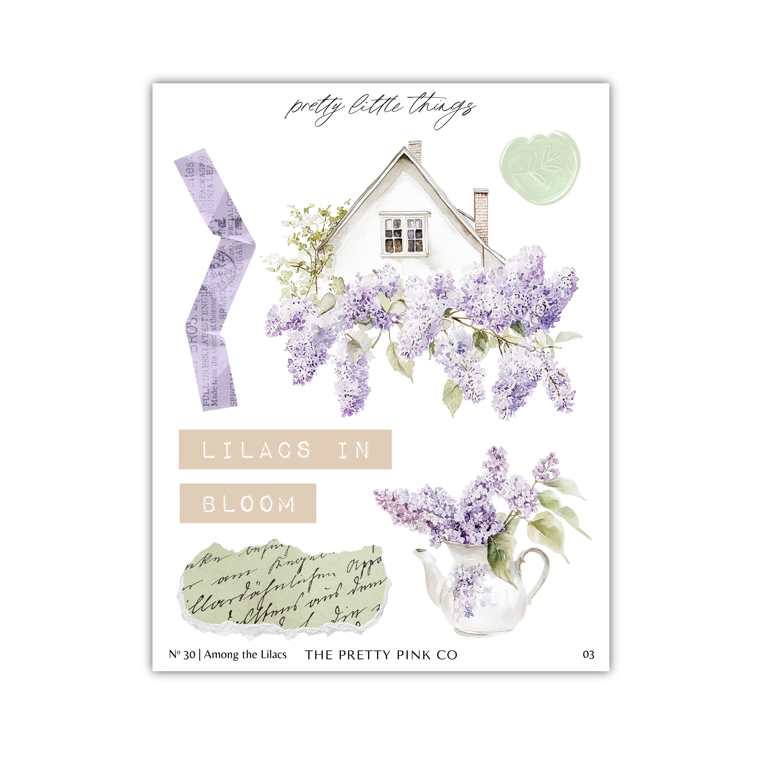 The image is a collage featuring various elements related to the theme of "Lilacs in Bloom". It includes a house, a vase of purple lilac flowers, and some text. The collage is titled "LILACS IN BLOOM" and includes the text "LESS THAN 500" and "THE PRETY PINK CO".