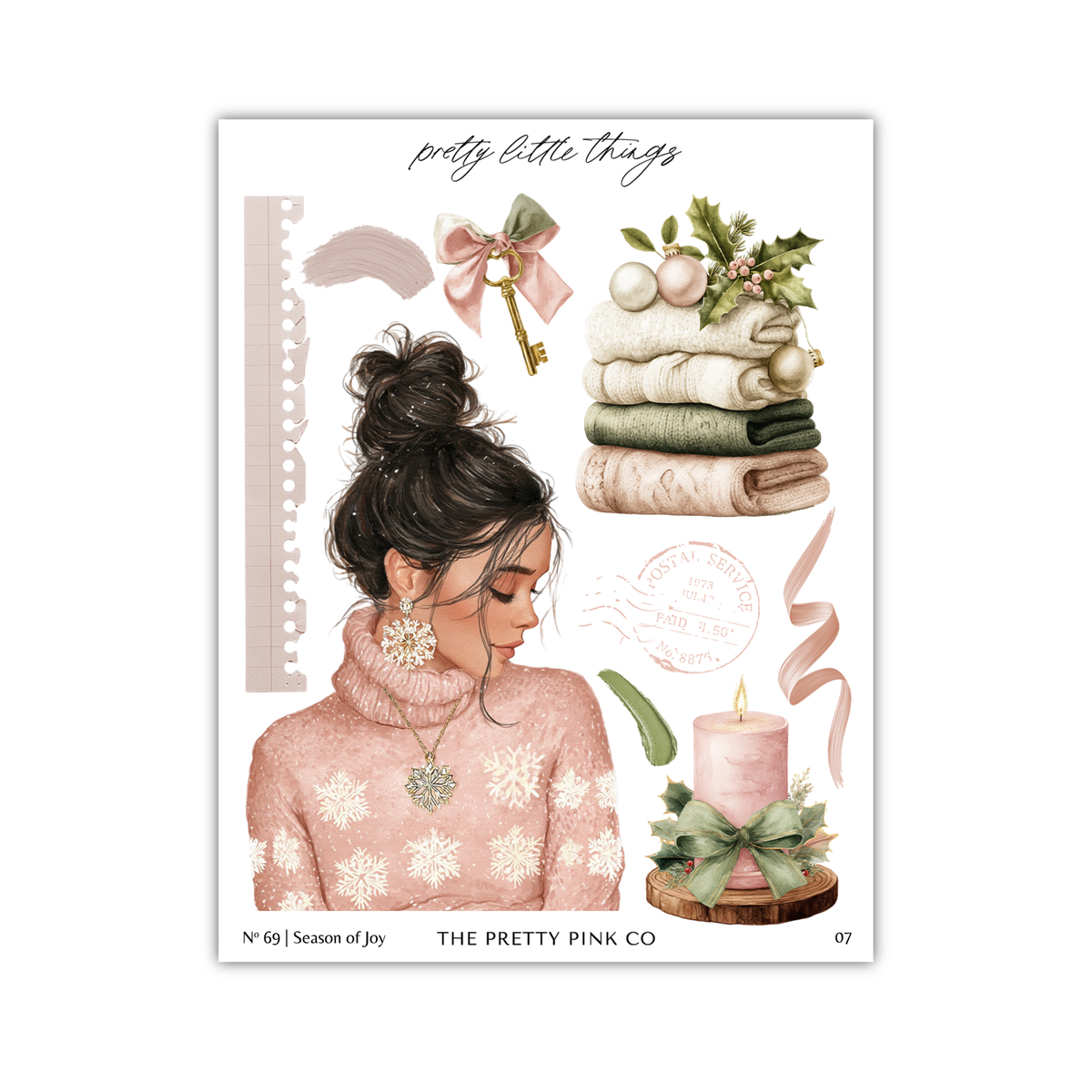 The image is a collage of various decorative elements, including a woman with a messy bun, a stack of folded towels, a candle, and other holiday-themed items.
