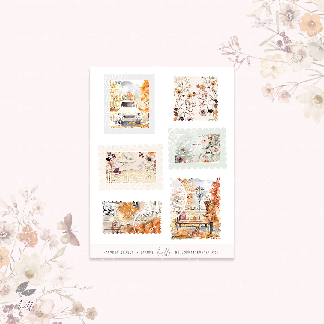 The image is a collage of six different postcard-style images, each featuring a unique floral or nature-inspired design. The images include a car, a butterfly, a bench, and various other elements such as leaves, flowers, and branches. The collage is set against a pink background, which complements the overall aesthetic.