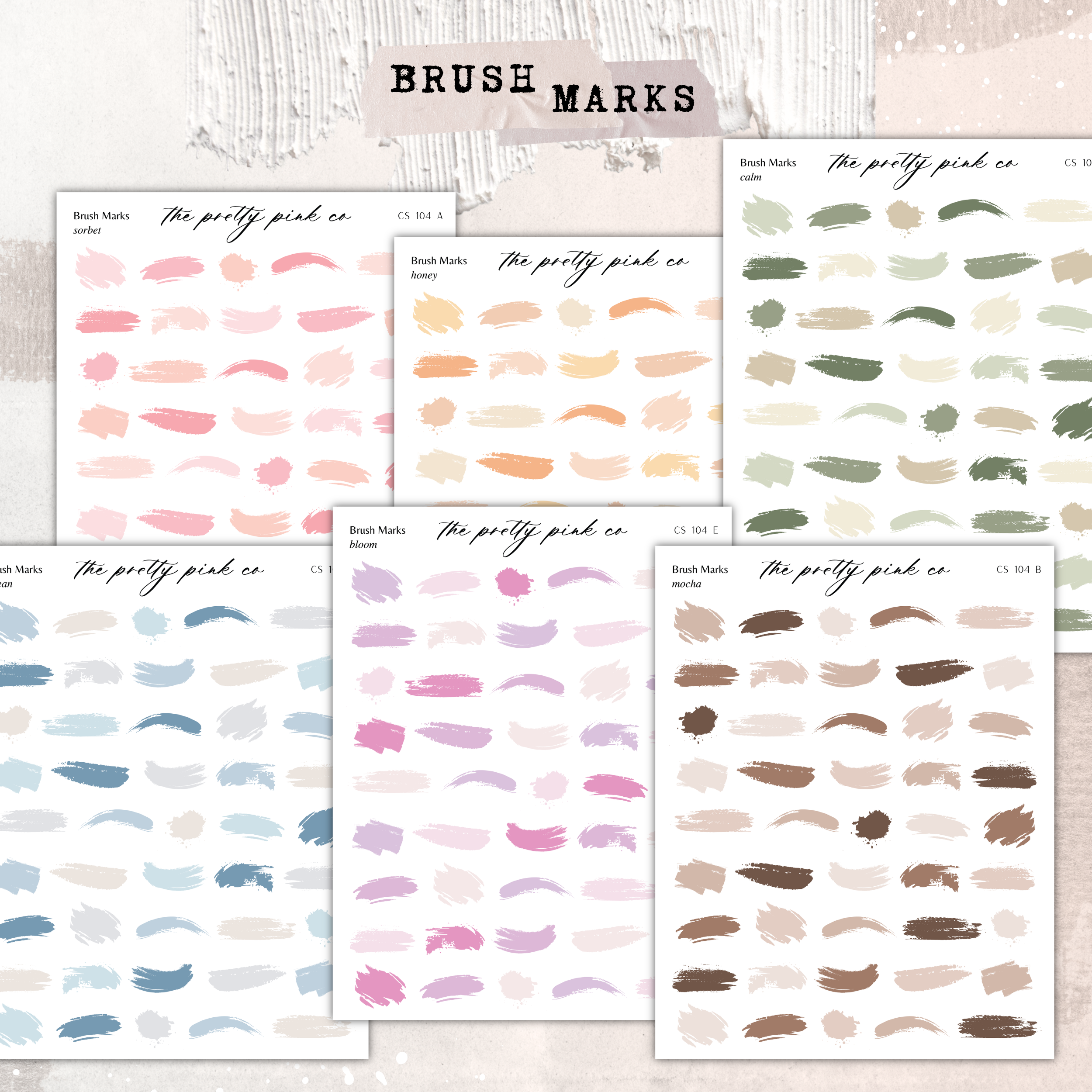 a collection of brush mark samples, each with a different color and style, arranged in a grid-like pattern.