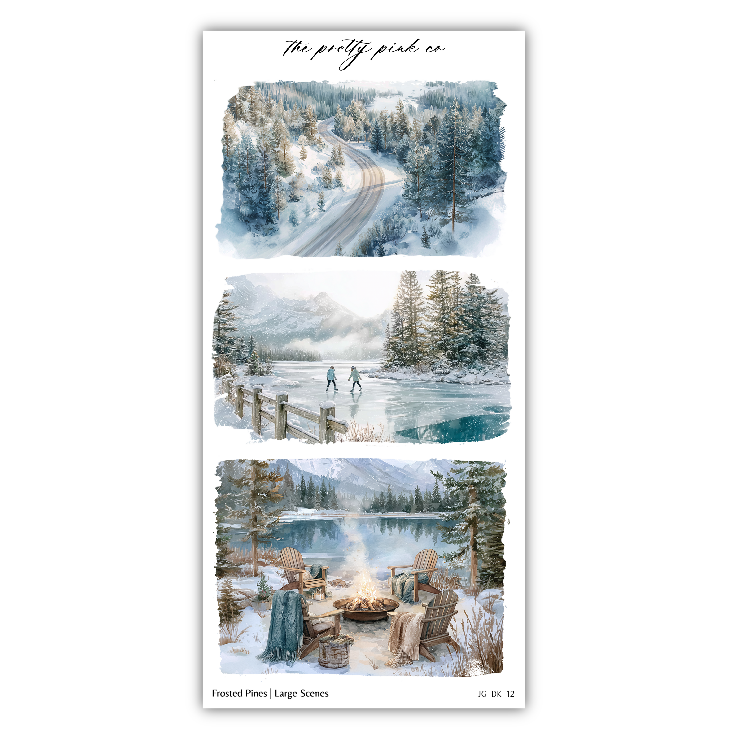 The image is a collage of three pictures depicting winter scenes, including a snowy road, a frozen lake, and a cozy outdoor setting with a fire pit and chairs.