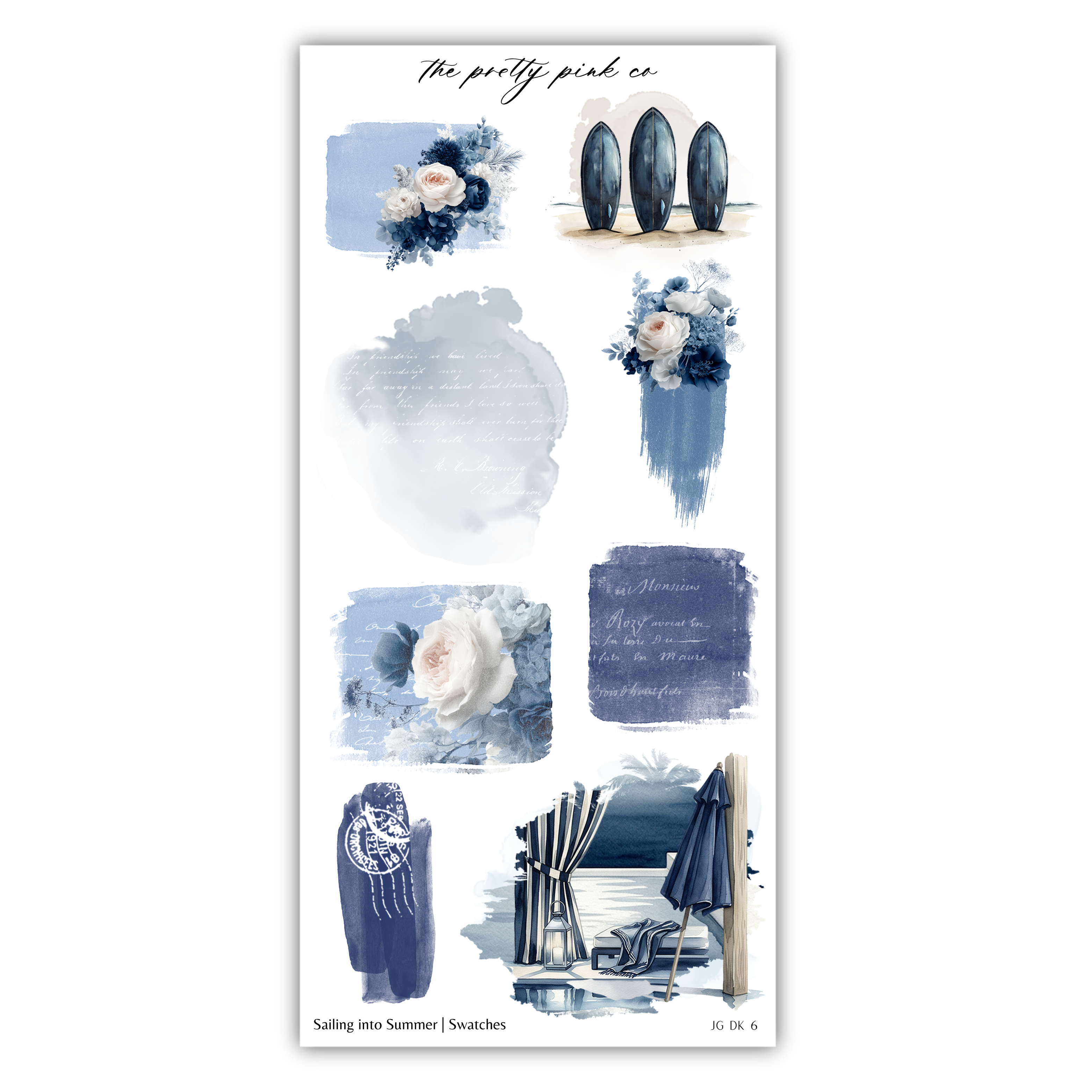 The image is a collage of various artistic elements, including floral designs, abstract shapes, and text. The collage is titled "Sailing into Summer / Swatches" and includes images of a rose, a surfboard, and a beach scene.