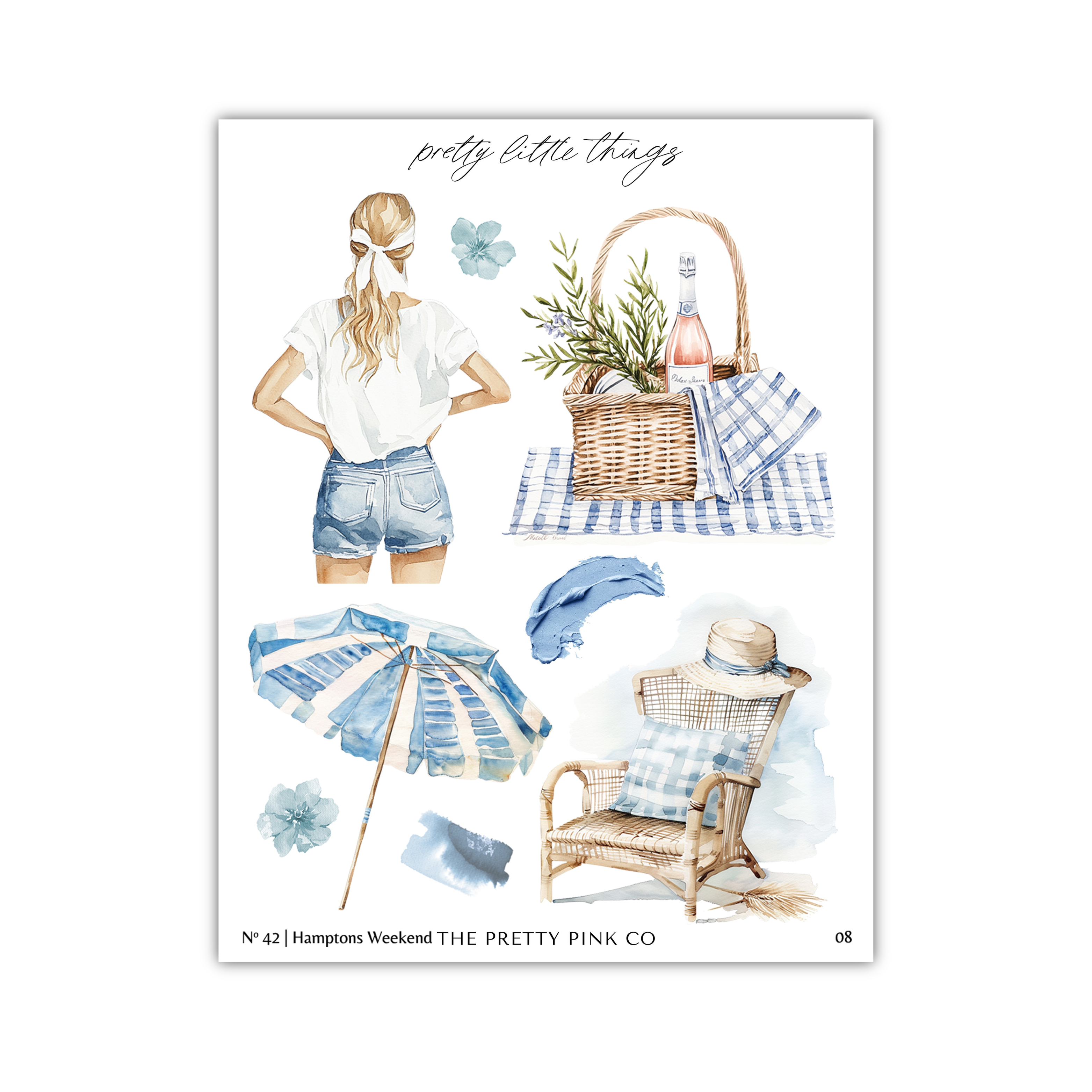 The image is a collage of various illustrations related to the theme of "pretty little things". It includes a woman with her back to the viewer, a basket with a bottle and a plant, a blue and white striped umbrella, a chair, and a flower. The text "pretty little things" is written above the illustrations, and the artist's name "The pretty pink co" is written at the bottom.