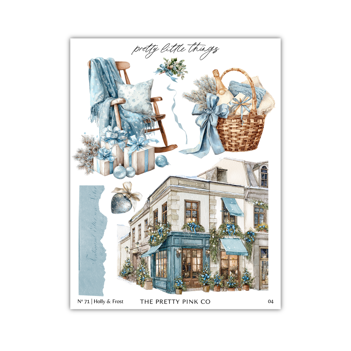 The image is a collage of various objects and scenes, including a rocking chair, a basket, a building, and Christmas decorations.