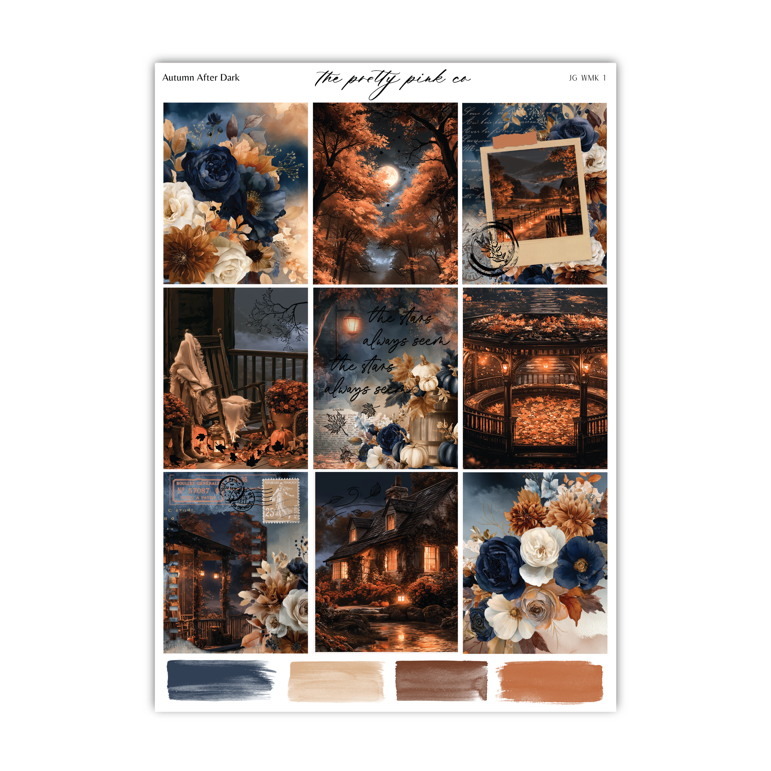 The image is a collage of nine different images, each depicting various autumn-themed scenes. The images include a full moon, a person sitting on a bench, a house with autumn foliage, a bridge, and a field of flowers. The collage is organized into a grid format, with each image arranged in a 3x3 grid. The colors used in the images are predominantly orange, blue, and white, creating a warm and cozy autumn atmosphere.