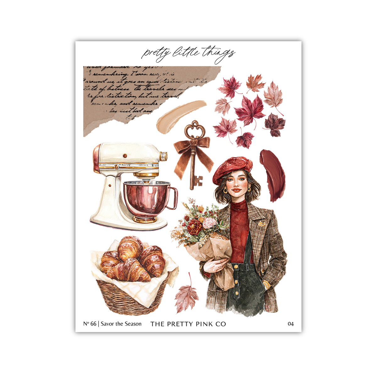 The image is a collage featuring various elements related to autumn, including a woman in a red coat, a key, a mixer, a basket of croissants, and leaves.