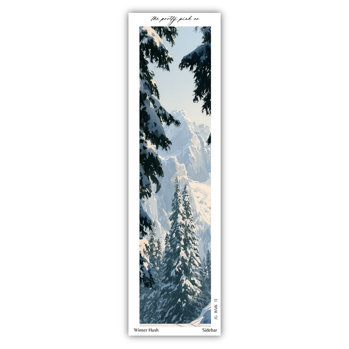 A snowy winter landscape with snow-covered trees and mountains in the background.